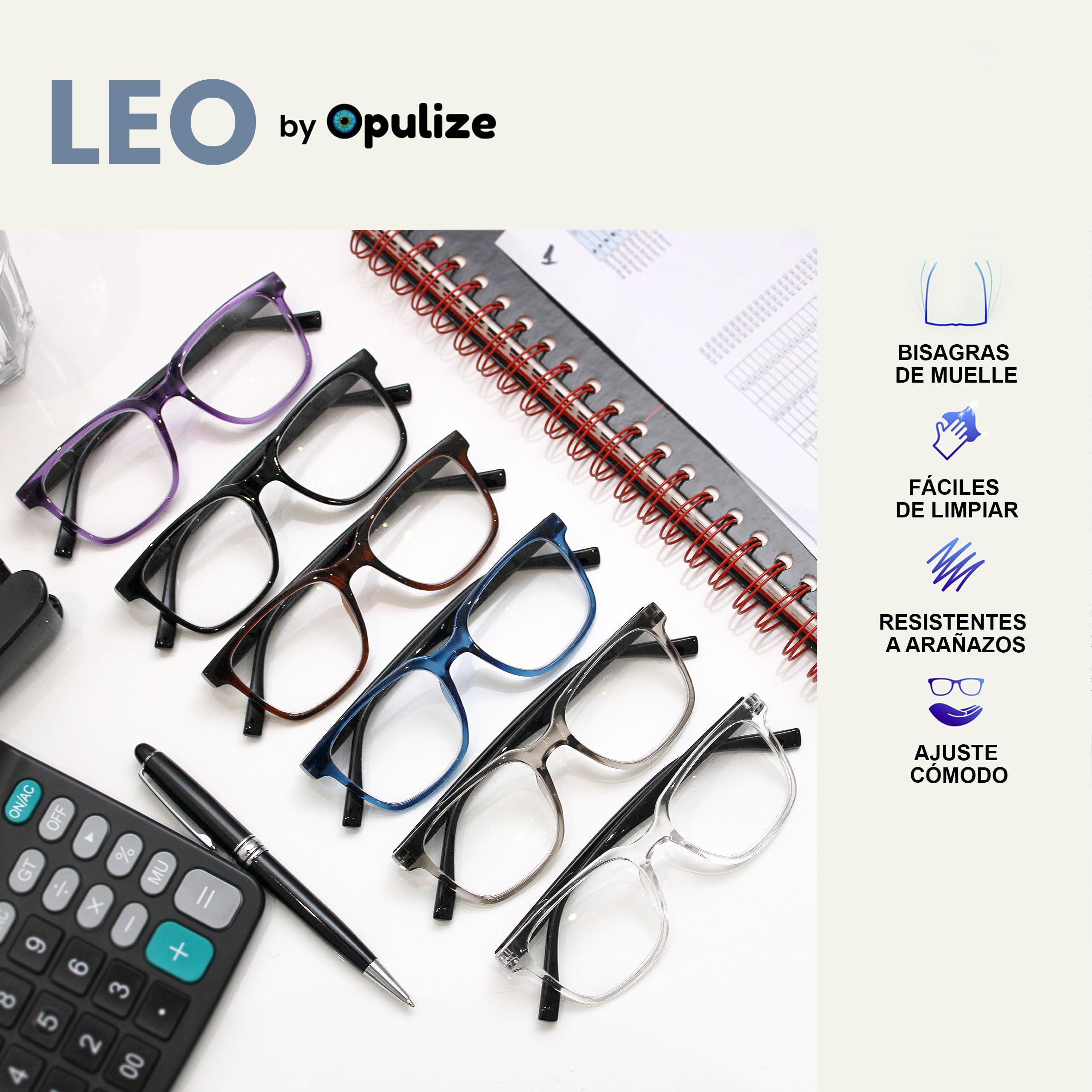 OPULIZE LEO Gafas de Lectura - Montura Rectangular Grande - Negro - Hombre Mujer - Bisagras de Muelle - R55-1 - +1.00