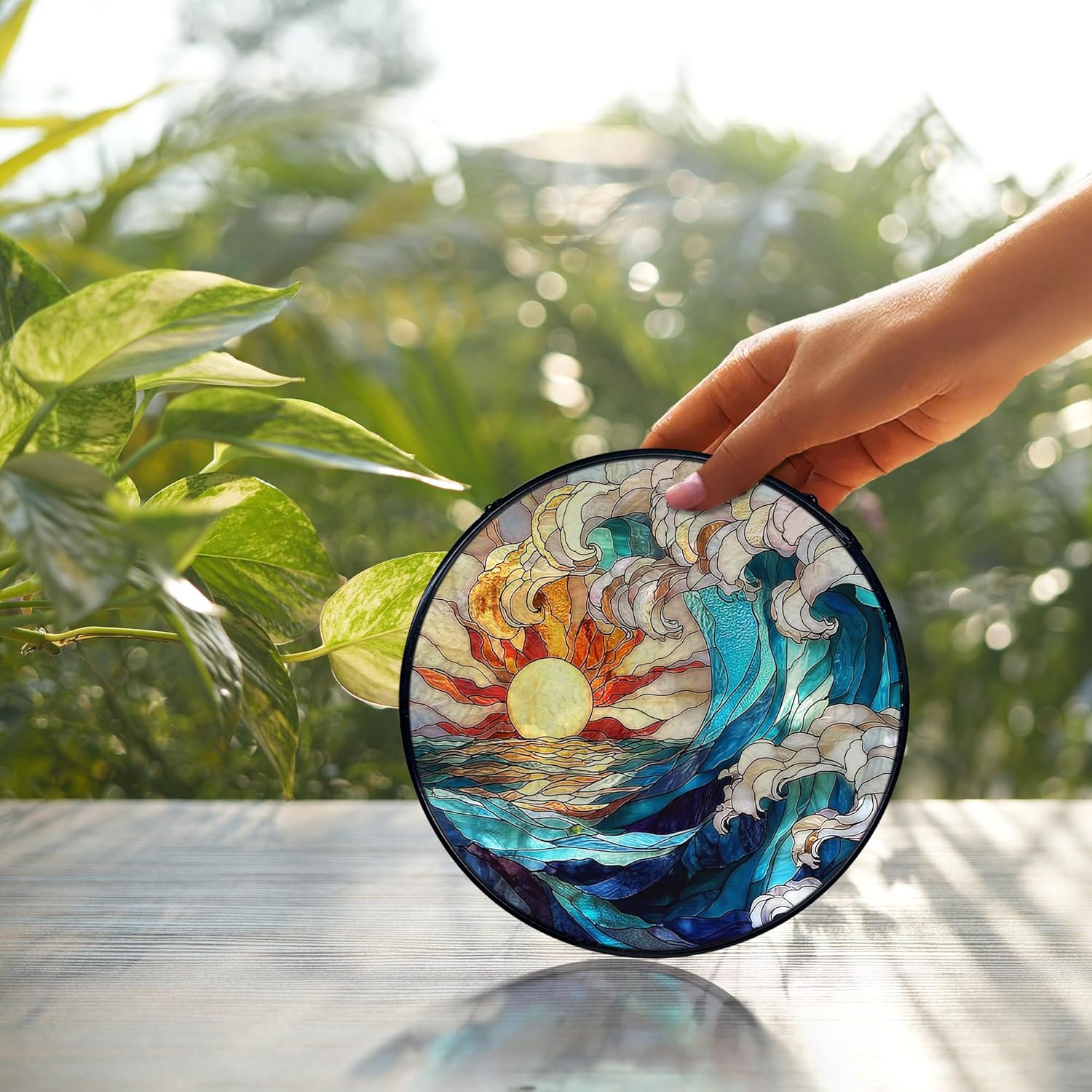 Sun Coastal Ocean Suncatcher Stained Glass Window Hanging, Ocean Waves Sunshine Sun Catchers Indoor Window Glass Wall Art Decor, Nautical Beach Wall Hanging Decor, 7.9x7.9 Inch 039-MH-BLGH - Image 4