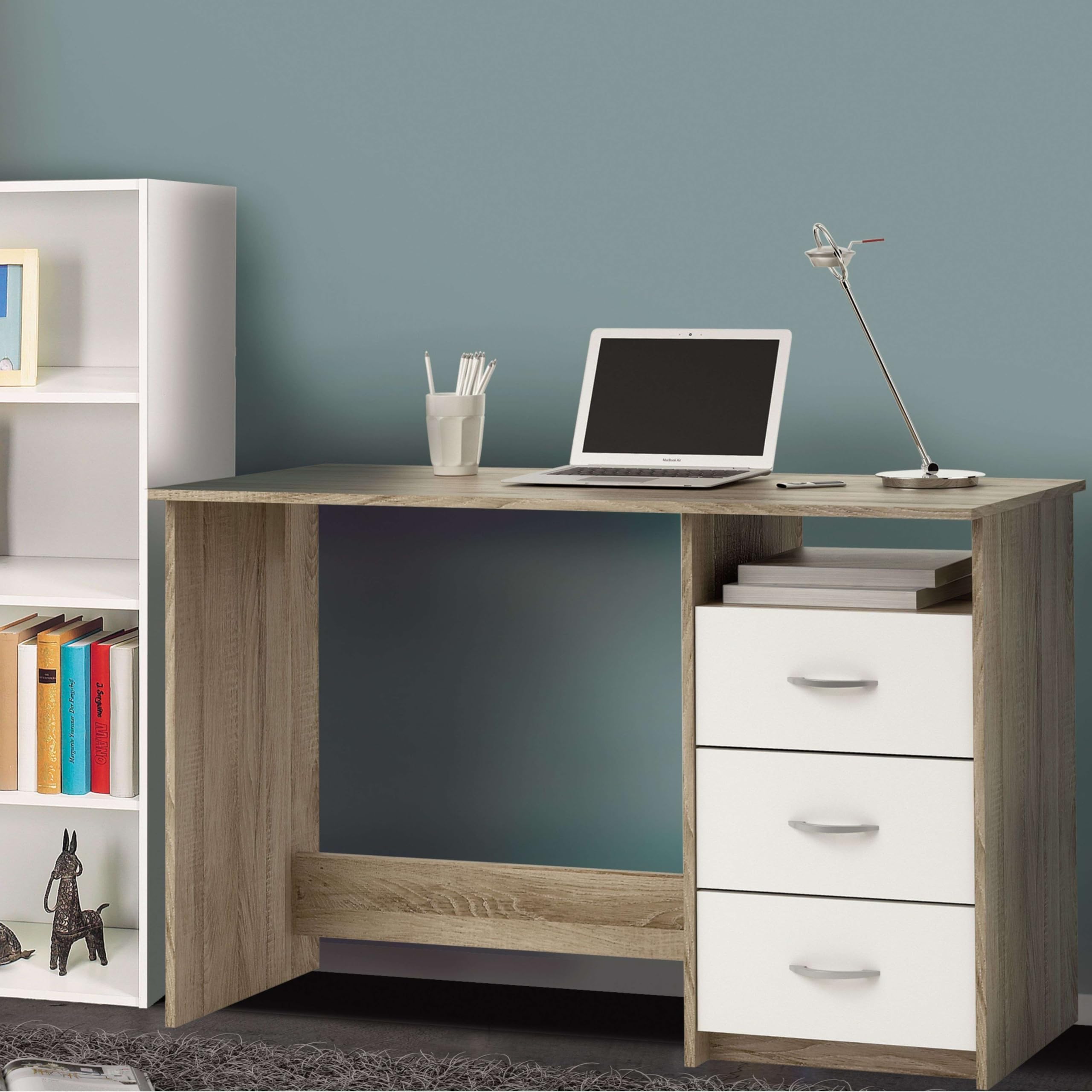 Miroytengo Mesa Escritorio Reversible 3 Cajones, Mesa Ordenador Juvenil, Roble y Blanco 123 cm