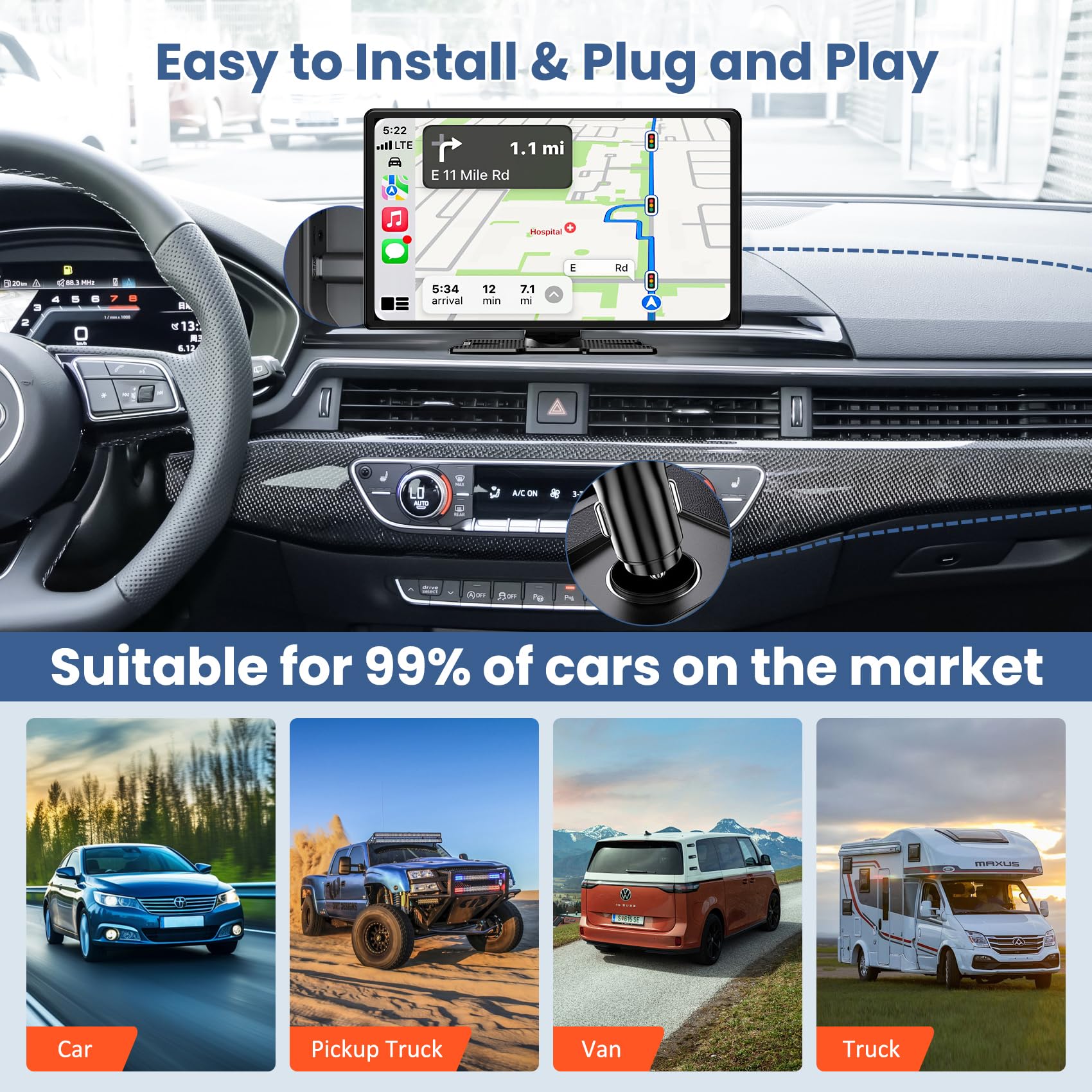 Largest 11.3" Portable Apple Carplay Screen, Wireless Car Play & Android Auto Touch Screen, Car Stereo with App View/4K Dash Cam/Backup Camera/Mirror Link/Voice Control/Music Play/GPS/Bluetooth/FM — view 9