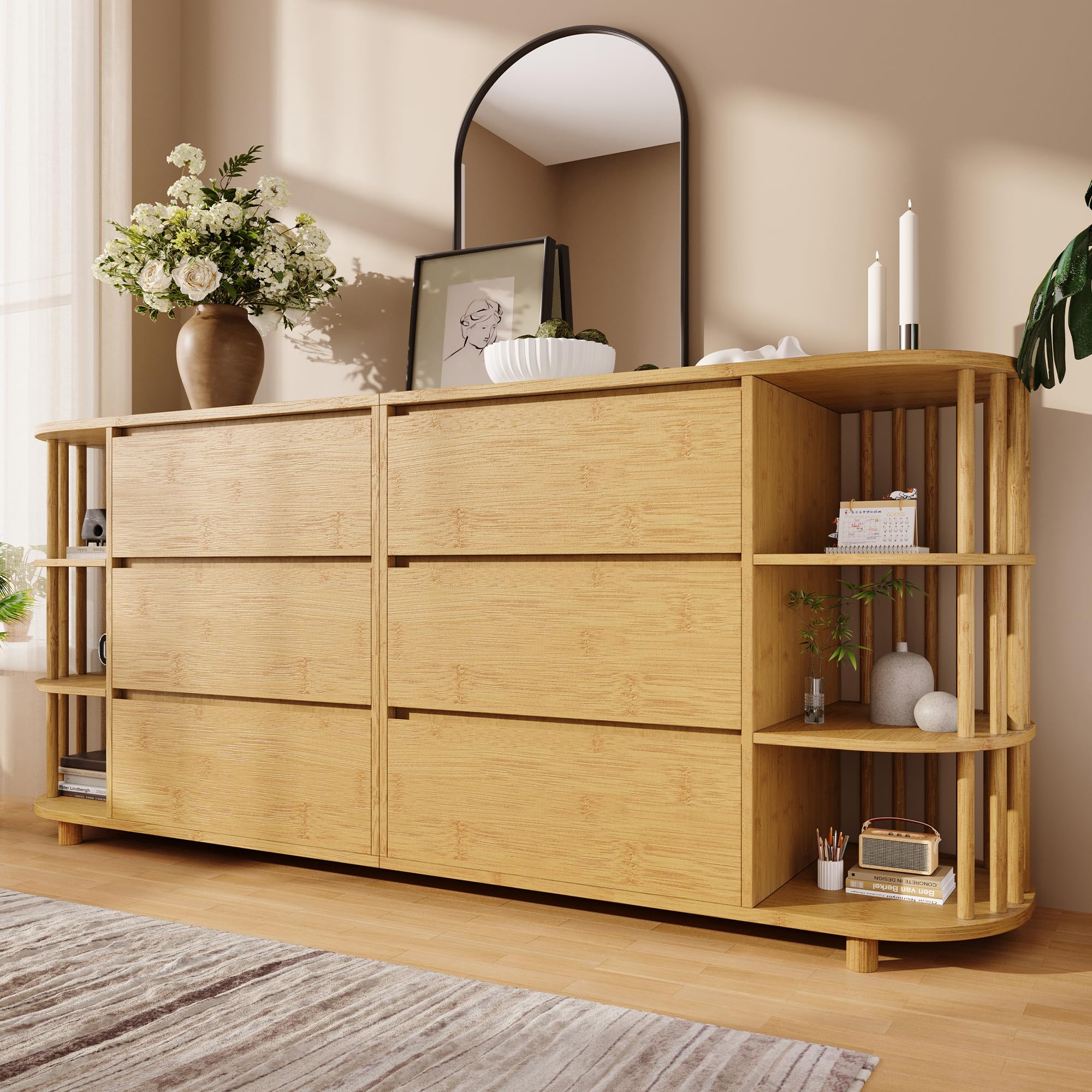 BNUZ Kommode Sideboard 80x160cm Eiche, Römisches Design mit Säulen & Bambus-Regalen, 6 Schubladen & offene Regale, Höhenverstellbare Füße Küche, Haushalt & Wohnen