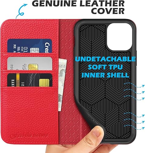 Miniatura 8 de SHIELDON Funda tipo cartera para iPhone 11, de piel auténtica, plegable, con función atril, bloqueo RFID, ranuras para tarjetas de crédito, funda