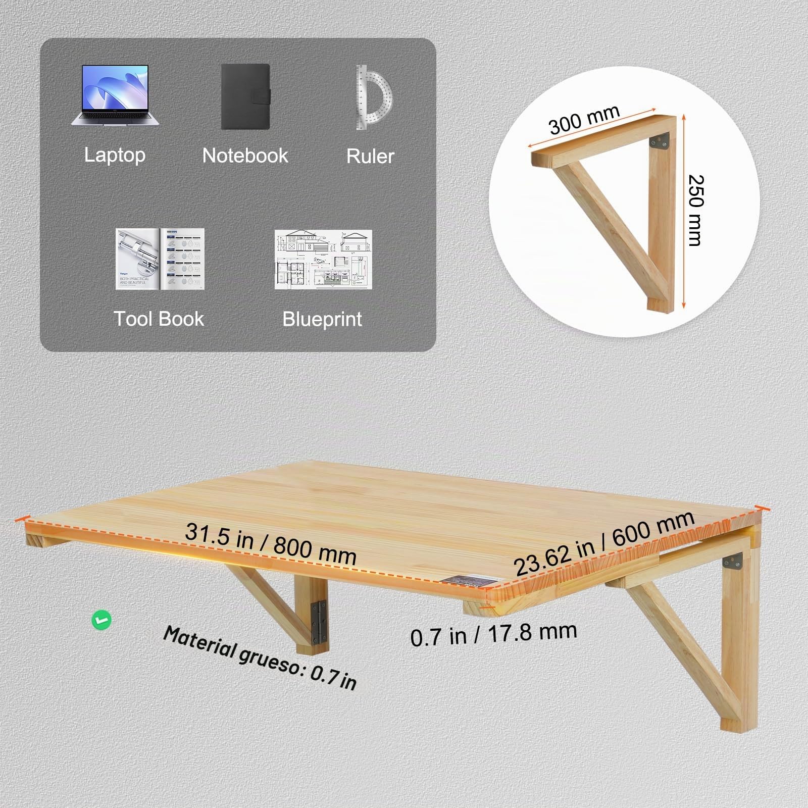 VEVOR Mesa Plegable de Pared, 800 x 600 x 298 mm, Escritorio Flotante de Madera con Soporte de Hierro, Mesa Plegable para Espacios Pequeños, Oficina en Casa, Comedor, Cuarto de Lavado, Cocina, Bar