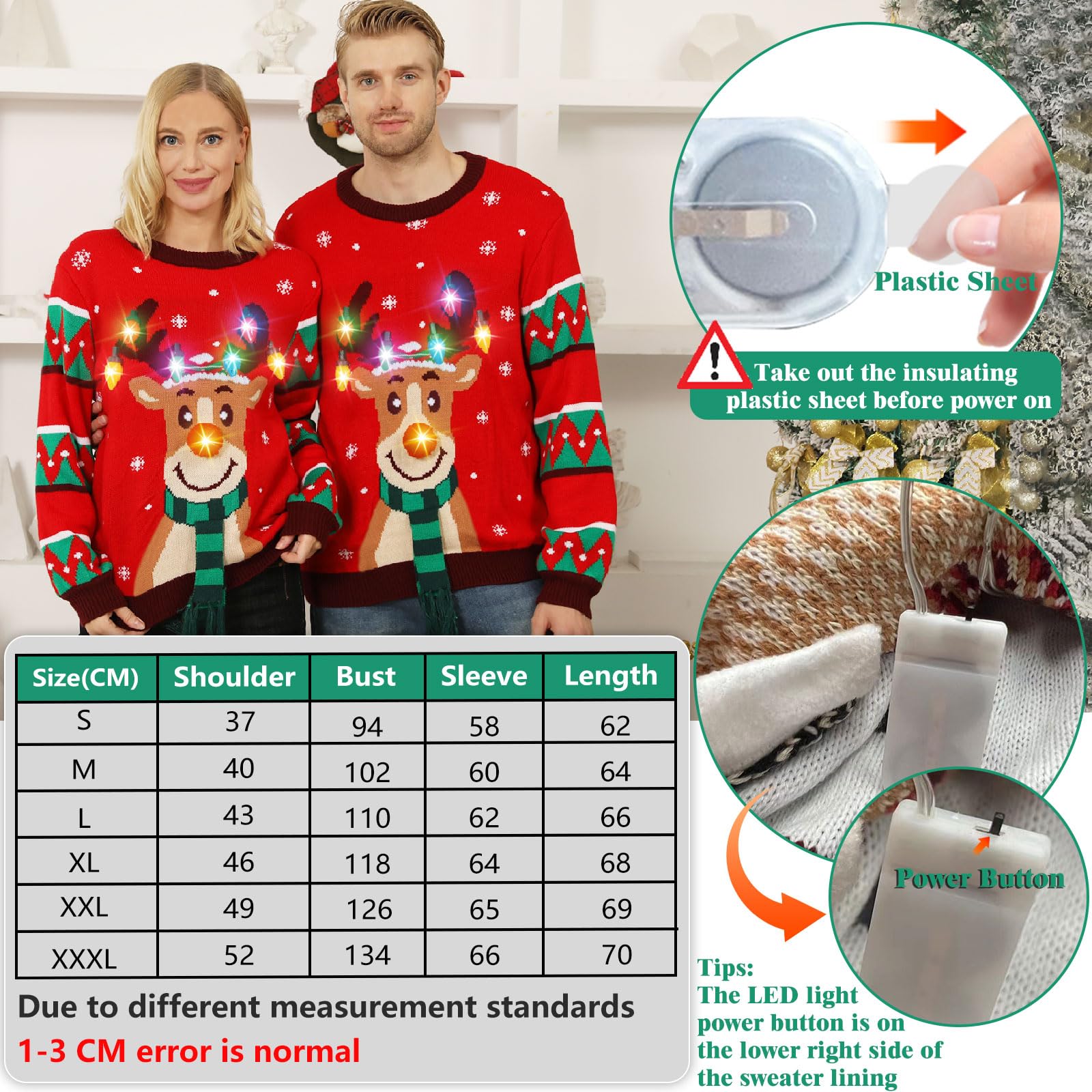 Kouric Pull Moche de Noel Femme Homme,Pull de Noel Lumineux LED,Unisexe Pulls de Noël Drole,Pull Noel Moche Couple Assortis,Pull Noel Famille Hiver Chaud Col Rond