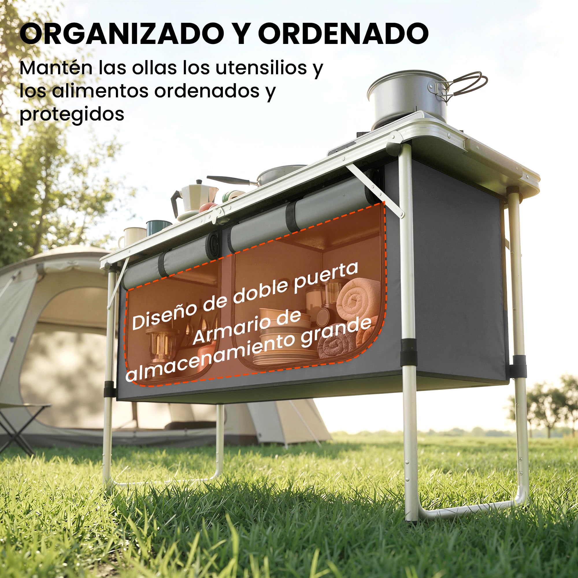 Outsunny Mesa de Cocina de Camping Plegable, Mueble de Cocina de Camping Portátil con Armario de Tela Oxford, Marco de Aluminio, para Picnic, BBQ y Actividades al Aire Libre, 120x47x70 cm, Plateado