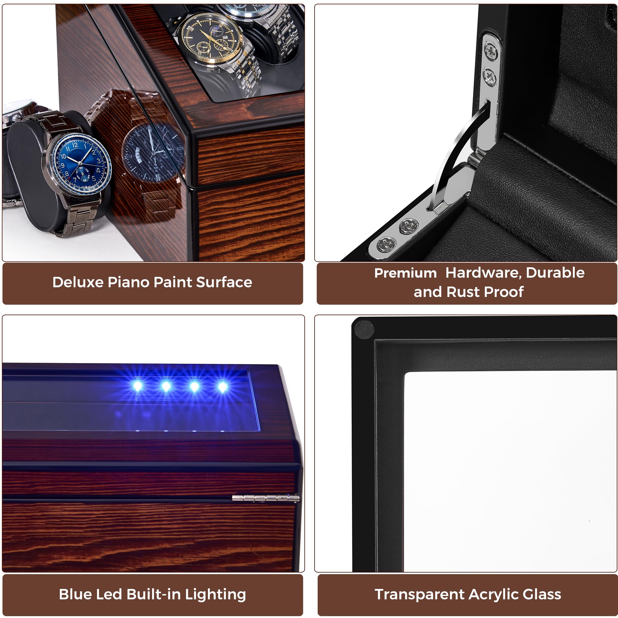BEWISHOME Uhrenbeweger für Automatikuhren Automatische Uhrenbeweger Box | Uhrenbeweger mit LED-Licht, 4 Uhrenbeweger mit leisem Motor und 6 Aufbewahrungskoffer für Herrenuhren, Braun SYQ01Y