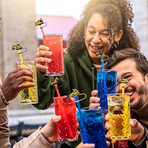 Miniatura 6 de Mortd 12 tapas de paja de construcción, casco excavadora excavadora, topadora de silicona reutilizable para pajitas de 0.315 a 0.315 pulgadas,