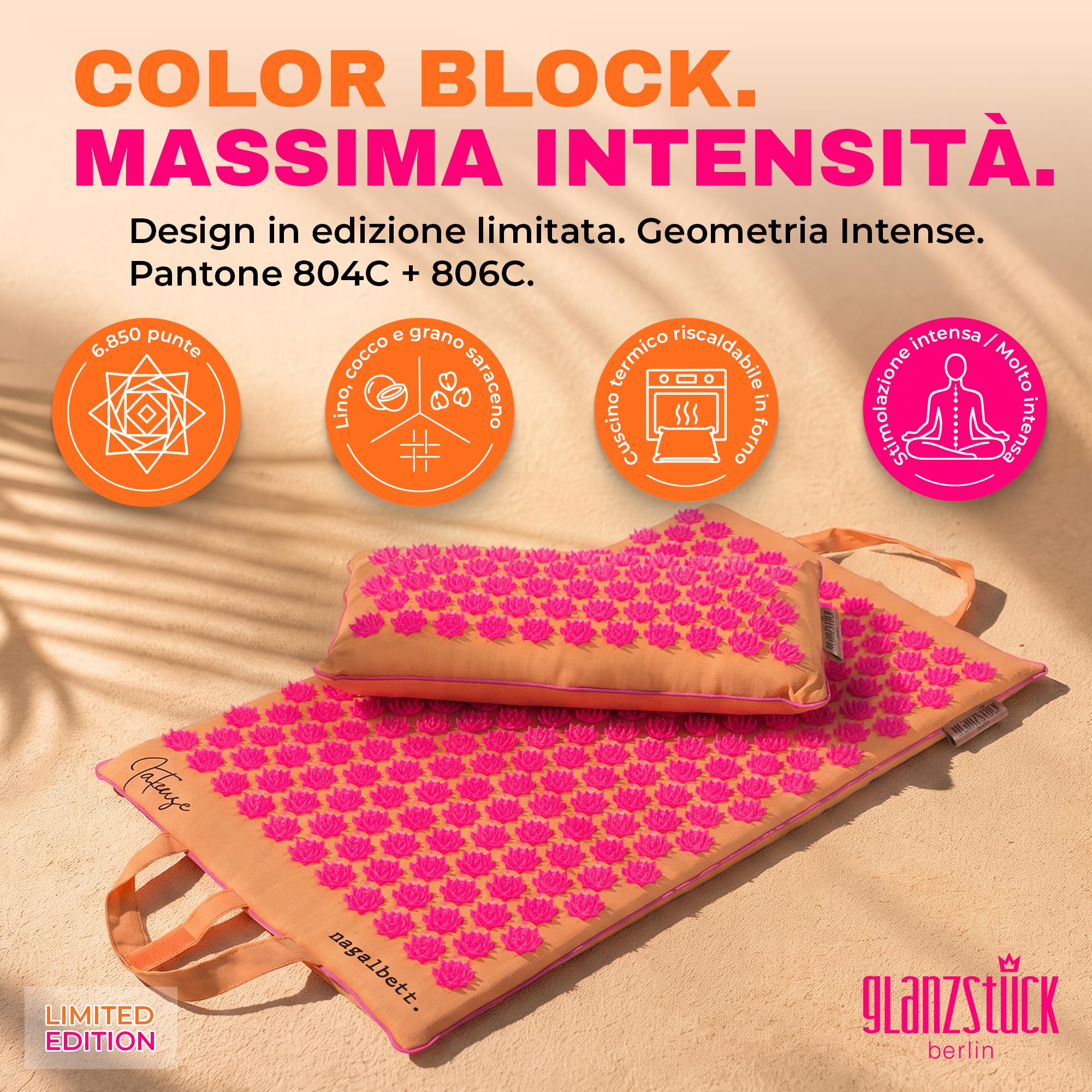 Glanzstück Berlin® Health Collection: Set di tappetini per agopressione XL Intense Color in lino, aiuto in caso di tensioni, mal di schiena, tappetino massaggiante con cuscino (funzione termica) e