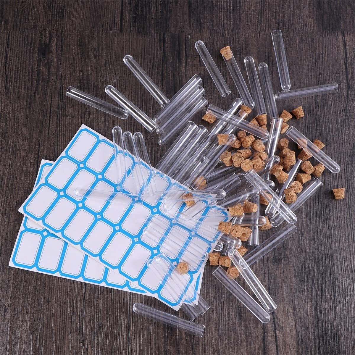 50 szt. 1. 2x7. Plastikowe przezroczyste probówki testowe o średnicy 5 cm z korkami i pędzelkiem do eksperymentów naukowych Przechowywanie proszku w płynie (50 szt.) (50 szt.)