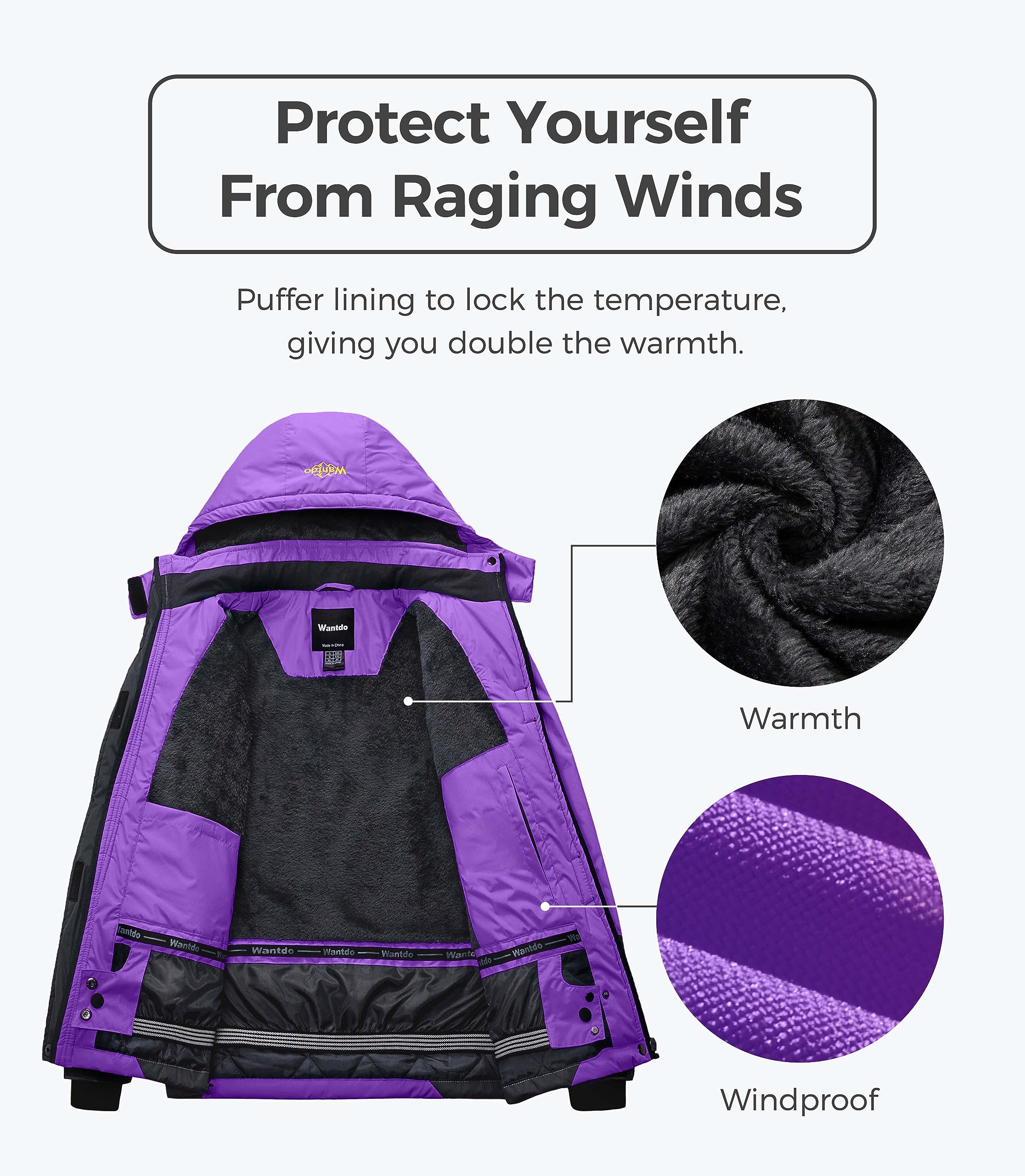 Wantdo Giacca da Sci Montagna Invernale Parka da Neve Caldo con Cappuccio Cappotto da Snowboard Giubbotto da Escursionismo Impermeabile Donna
