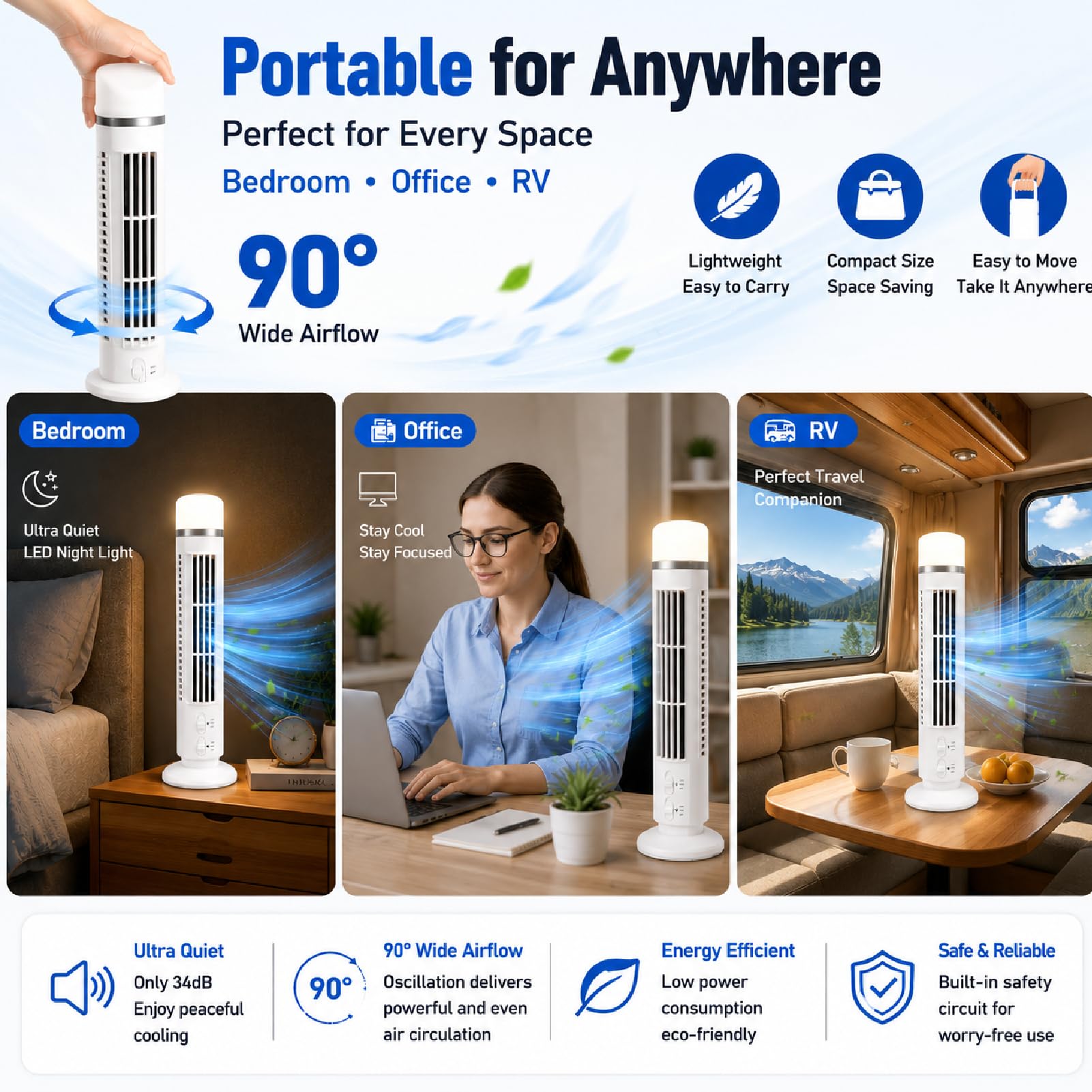 HERCHR 2 ventole a torre senza pale, ventilatore a torre portatile con illuminazione a LED, che emette aria fredda, porta USB, ideale per camera da letto, casa e ufficio (bianco)