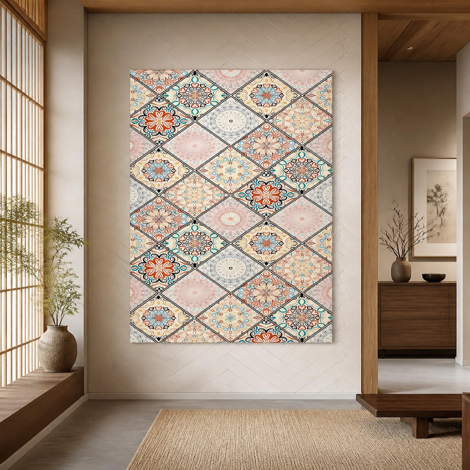 Generisch Dywan ścienny, dekoracja ścienna, spersonalizowany gobelin, 160 x 230 cm, do sypialni, salonu, retro, geometryczny wzór kwiatowy, czerwony, niebieski, beżowy, czarno-biały
