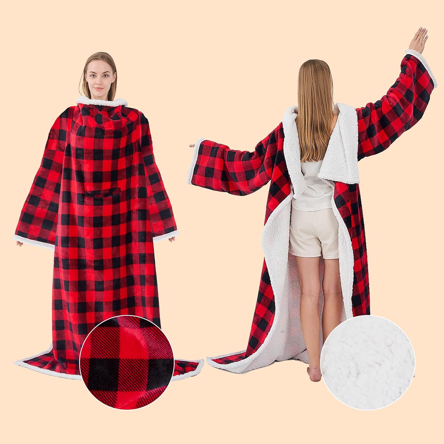 Ramees Sherpa Wearable Blanket with Sleeves and Pockets, Soft Warm TV Blanket Throw for Men and Women - Image 7