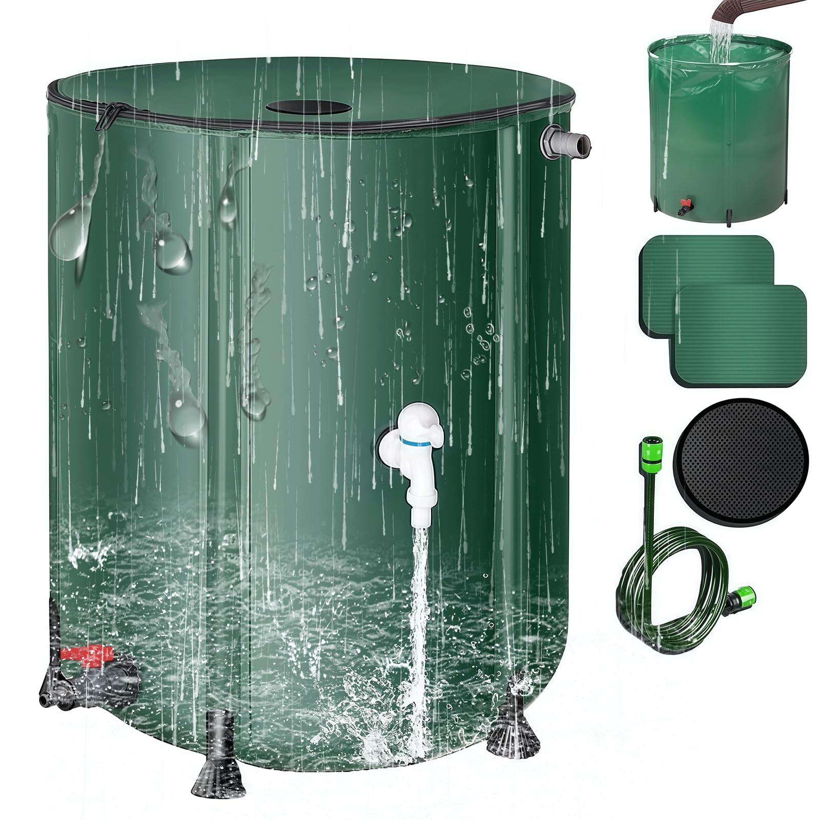 Colector de Agua de Lluvia portátil y Plegable. Tanque de Almacenamiento de Agua con Grifo para Manguera y canaleta. Solución de recolección de Agua de Lluvia para una recuperación