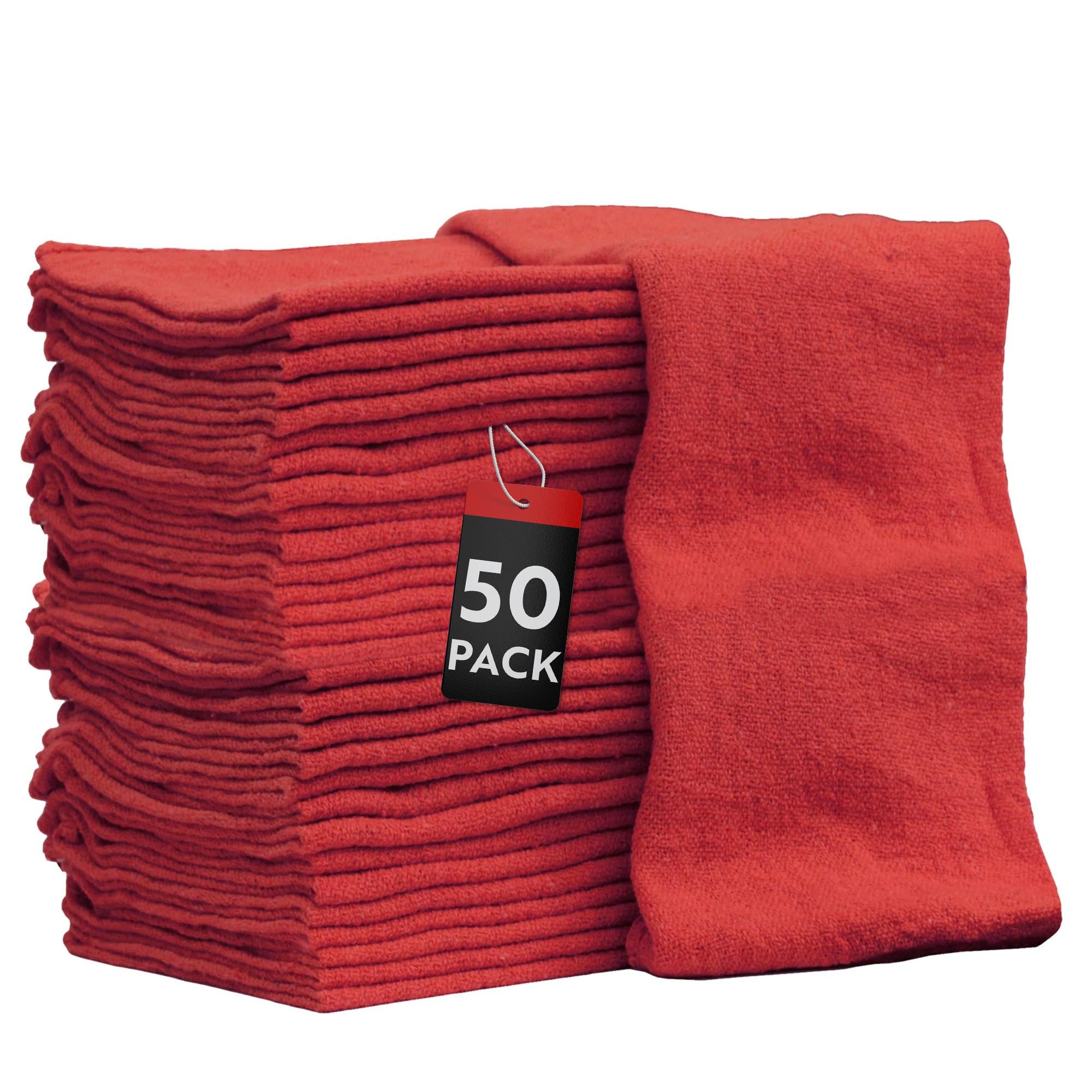 Nabob Wipers Shop Towels 50 Pack Cotton Rags Size 14"x14" Commercial Grade (50 Pack, Red)