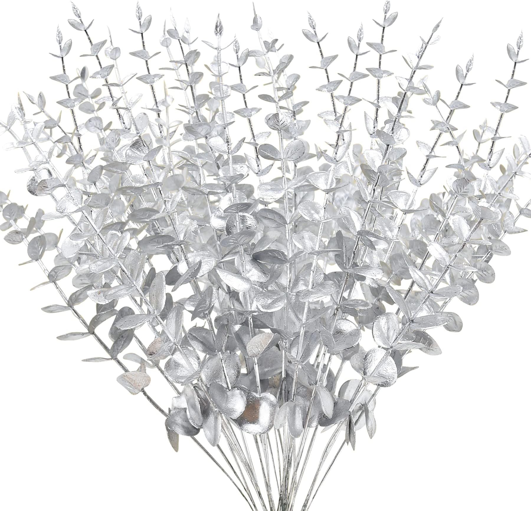 FEQO 36 Pcs Silver Eucalyptus Stems Artificial Leaves Decor Branches Fake Leaves 15 inch Faux Stem for Vase Wedding Bouquet Home (FF-22-070)