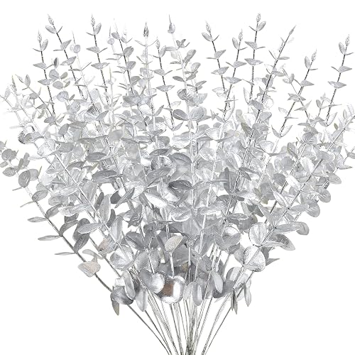 FEQO 36 Pcs Silver Artificial Eucalyptus Stems 15" Faux Eucalyptus