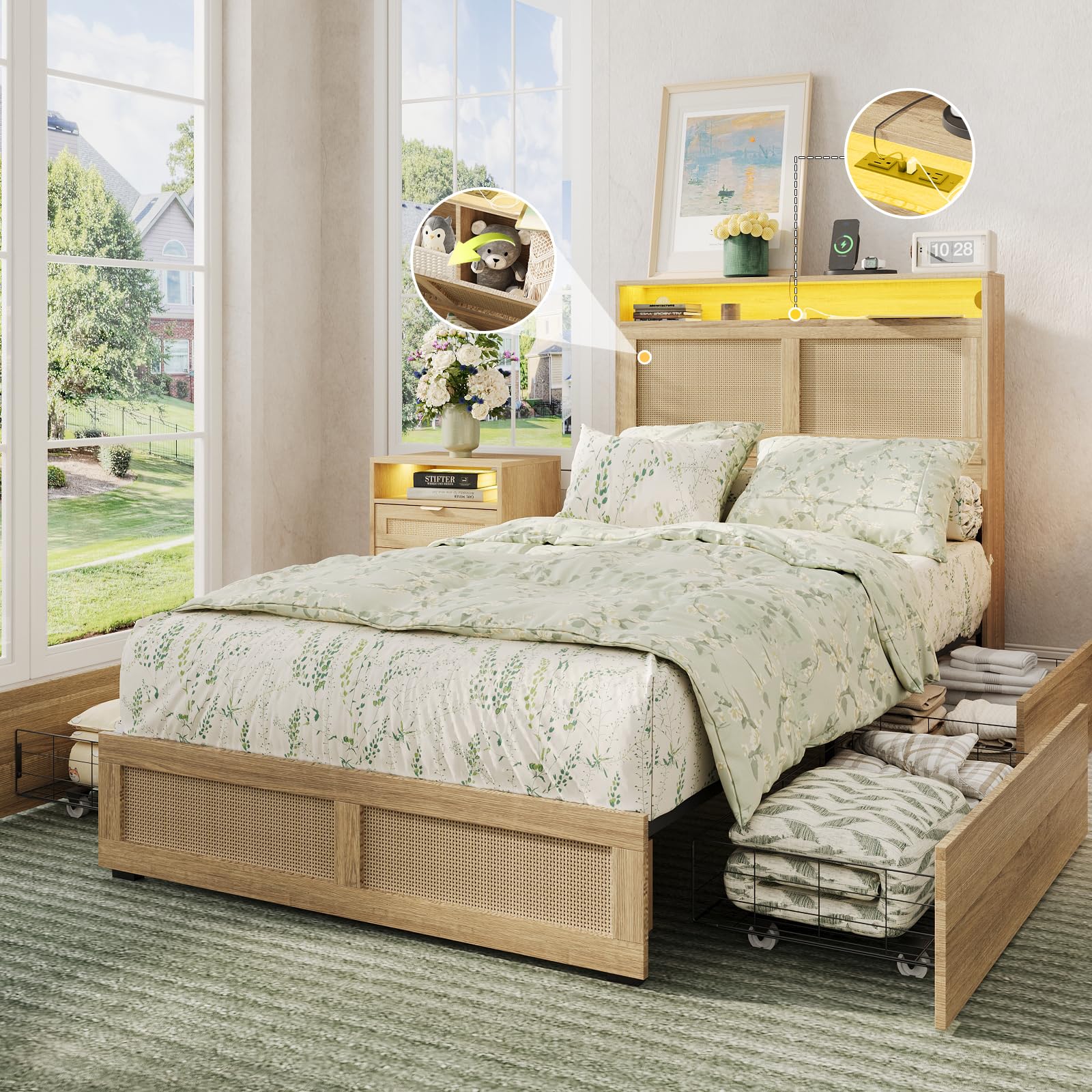 Maupvit Twin Size Boho Bed Frame with Rattan Hidden Storage Headboard, LED Light and 4 Drawers, Charging Station, Metal Platform Bed, No Box Spring