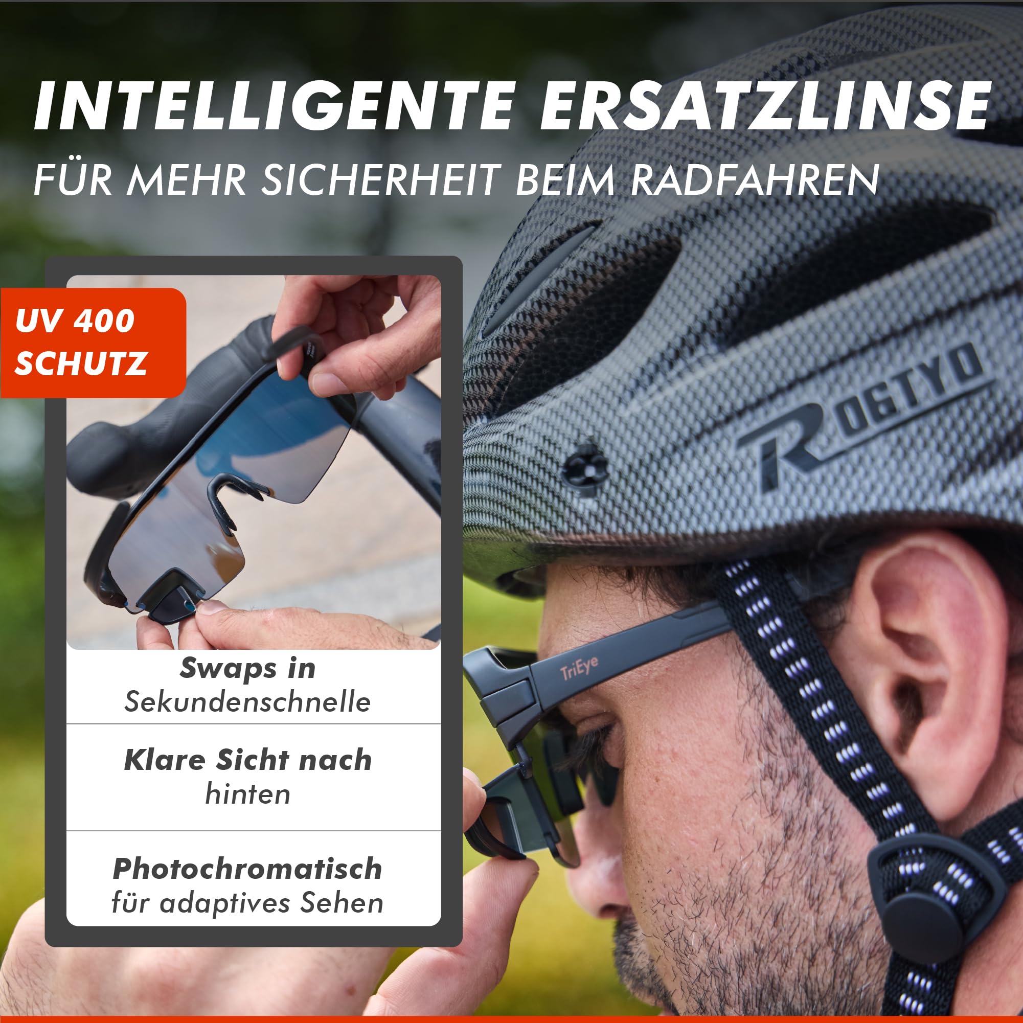 TriEye Ersatzlinse mit Rückspiegel – UV400-Fahrradbrille, kratzfest und langlebig für Straße und Pendler
