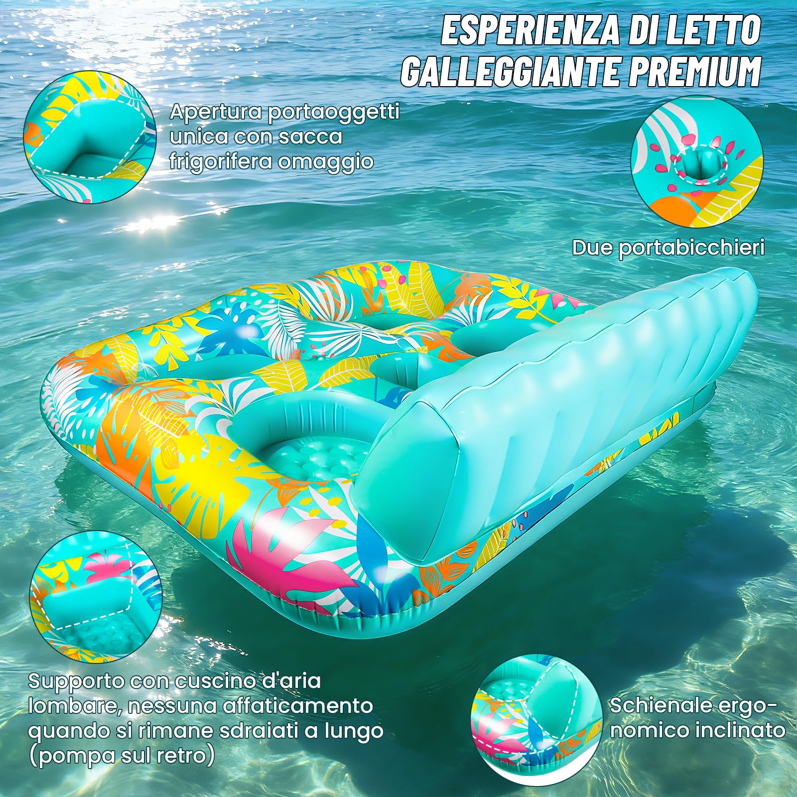 FORMIZON Materassino Gonfiabile Mare, Materassino Piscina 2 Posti, Tanning Pool Piscina Grande Abbronzante Gonfiabile con Ghiaccio Bar Borsa Termica Portabevande e Cuscino per Acqua Festa