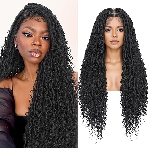 WIGNEE Boho Braided Wig Full Double Lace Front Braided Wig Goddess Faux Locs Wig Pre-Plucked with Baby Hair Embroidery Square Knotless Braided Wigs For Black Women