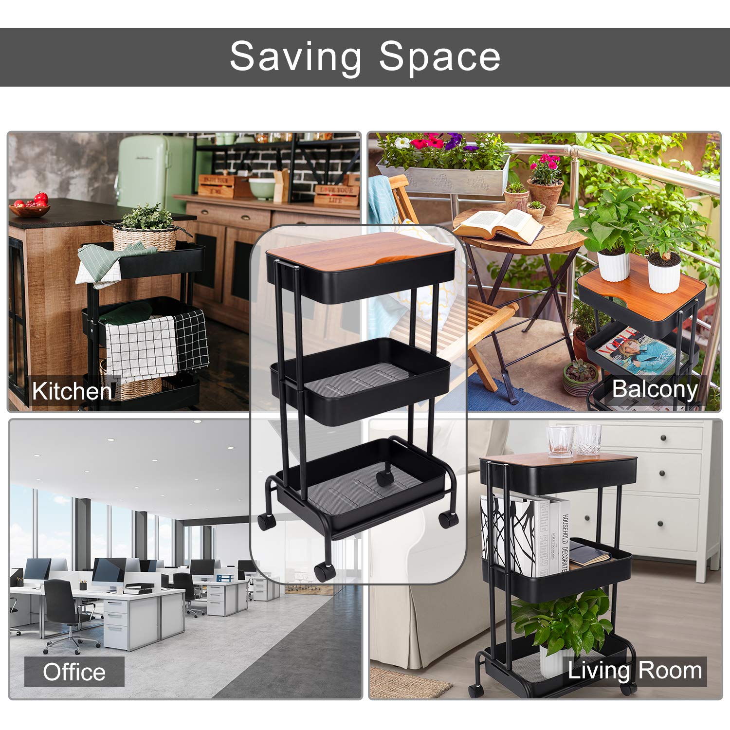 ZHAOER 3 Tier Rolling Cart Utility Carts with Wheels and Cover Board