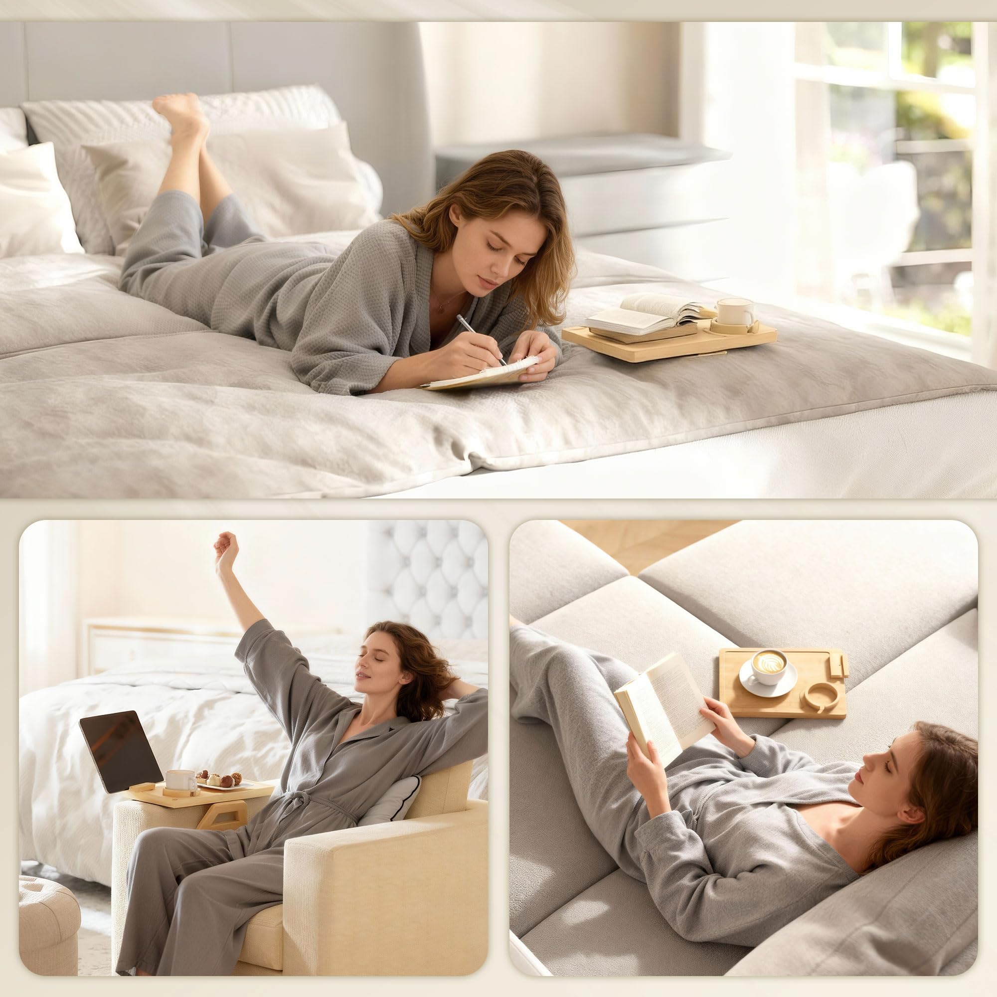 HOMCOM Plateau d'accoudoir de canapé en Bambou Flexible, Plateau d'accoudoir de canapé avec Porte-gobelet Amovible, Table d'appoint à charnière avec Support pivotant à 360° pour téléphone,