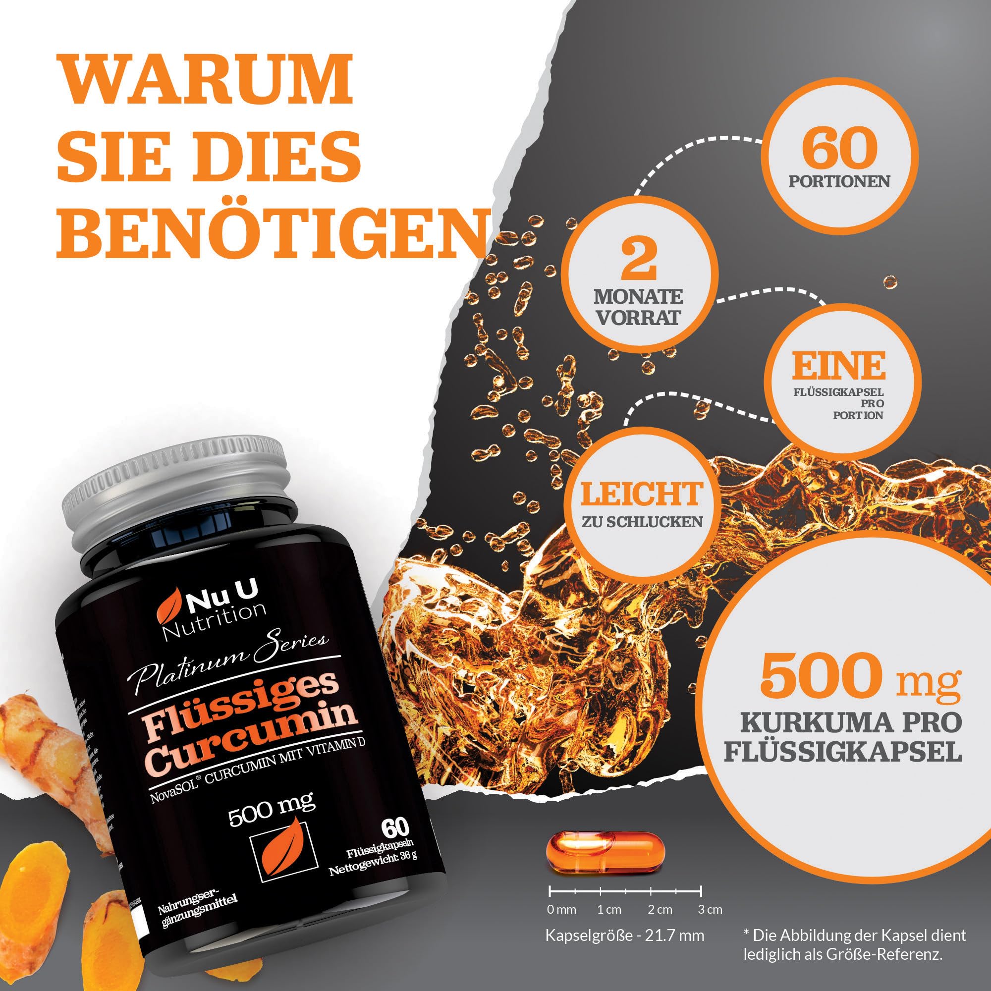 Kurkuma (curcuma) Kapseln (flüssig) mit Vitamin D 185x stärkere Bioverfügbarkeit NovaSOL® Curcumin Hochdosiert vegetarisch Premium flüssiges Curcumin, 60 kapseln hochdosiert