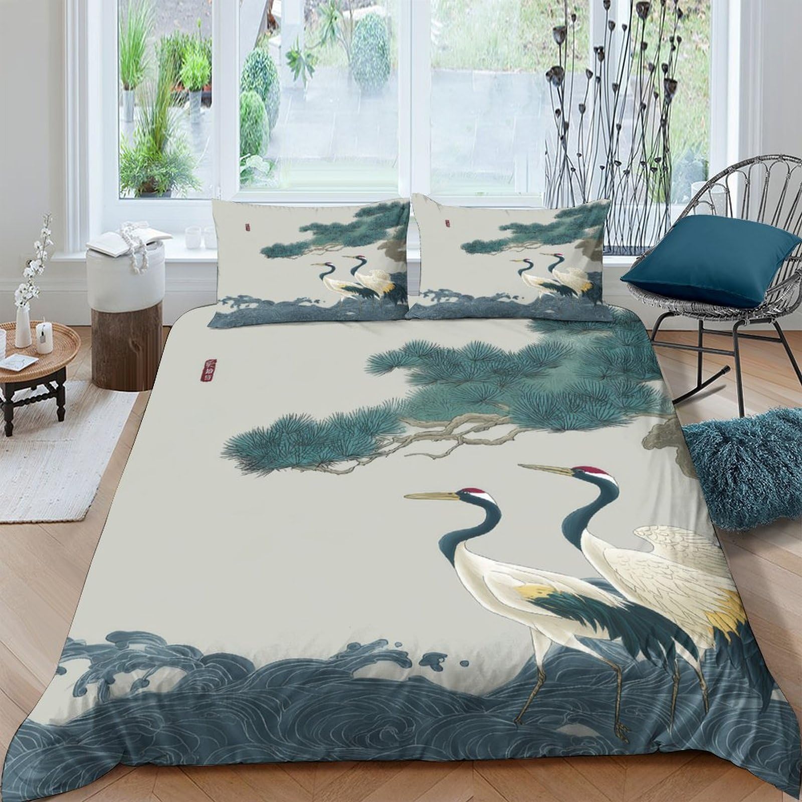 Ctjqhvkz Style-5 3D Printed Crane Pine Tree Fitted Sheet Microfiber Anti-Slip Easy Care Japanese Style Mattress Cover Bedroom Decor Single（135X200cm）