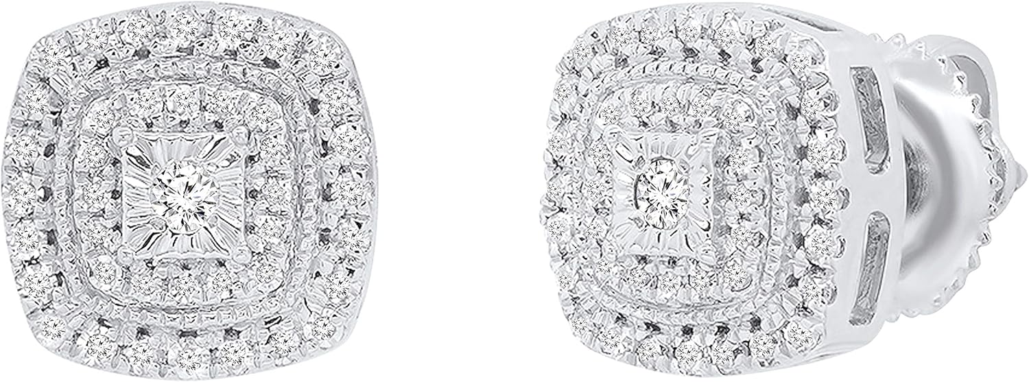 Dazzlingrock Collection 0.25 Ctw Round White Natural Diamond Cluster Cushion Framed Stud Earrings for Women in Real Solid Gold & Sterling Silver
