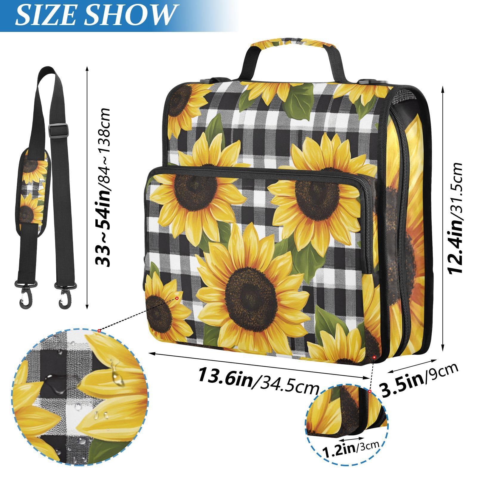 Bindertasche mit Reißverschluss, Sonnenblumen, kariert, 3,8 cm, 3-Ringbuch und mehrere Taschen, 500 Blatt Kapazität, erweiterbarer Aktenordner mit Schultergurten und Griffen, für Schule