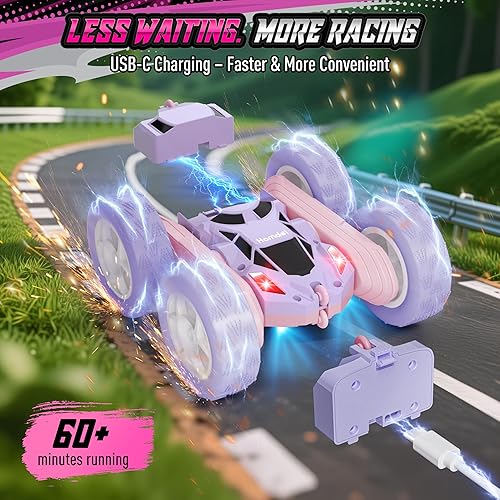 Vista 83 de Auto de control remoto para niños, auto de acrobacias RC giratorio de 360°, vehículo eléctrico 4WD de doble cara con luces LED, autos de juguete