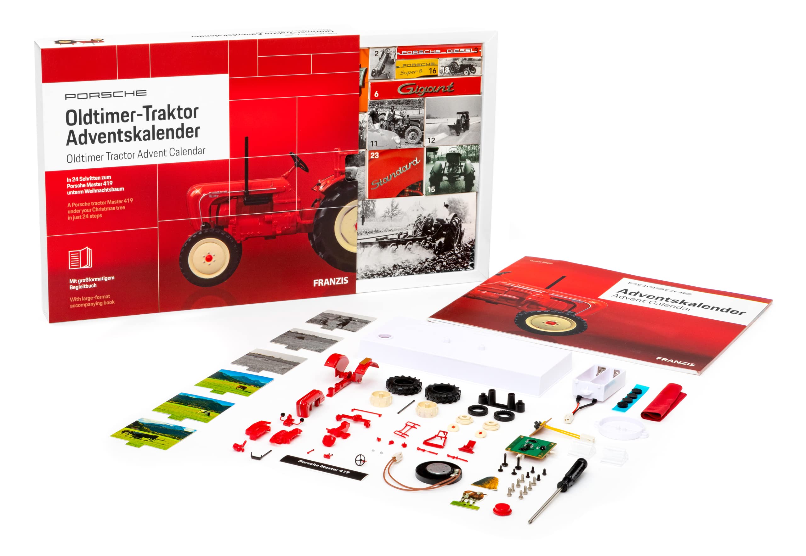 FRANZIS 67067 Porsche Oldtimer-Traktor Adventskalender 2019 | in 24 Schritten zum Porsche Master 419 unterm Weihnachtsbaum | Für Sammler und Modellbau-Liebhaber | Ab 14 Jahren