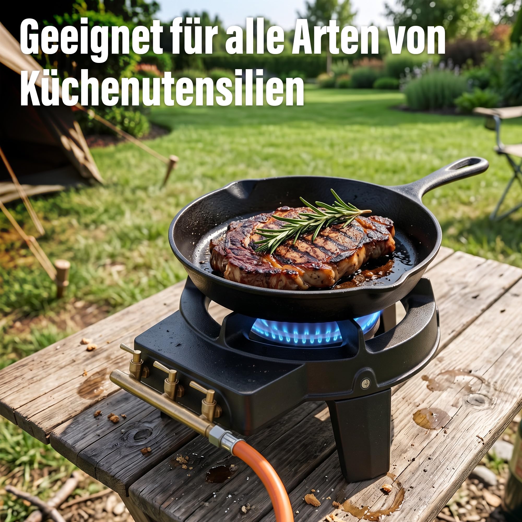 Veralune 9 kW Wokbrenner – Gusseisen Gaskocher mit 3 Füßen, 3 Wasserhähnen & Schlauch mit Druckminderer, leistungsstark für Outdoor, Garten, Camping & BBQ