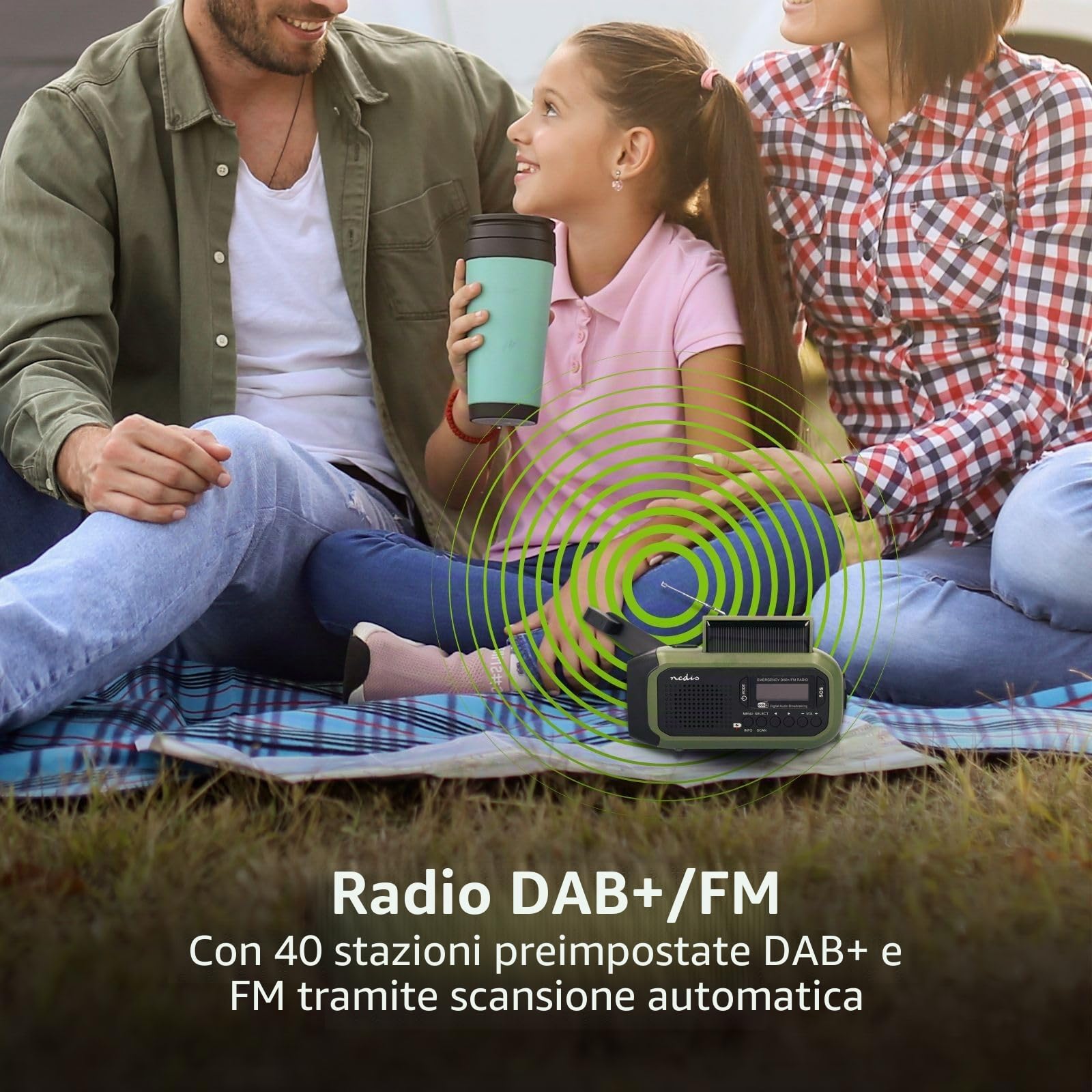 Radio di emergenza – Versione portatile – DAB+ / FM – Funzionamento a batteria/manovella/alimentazione solare/alimentazione tramite USB – Sveglia – Verde/Nero