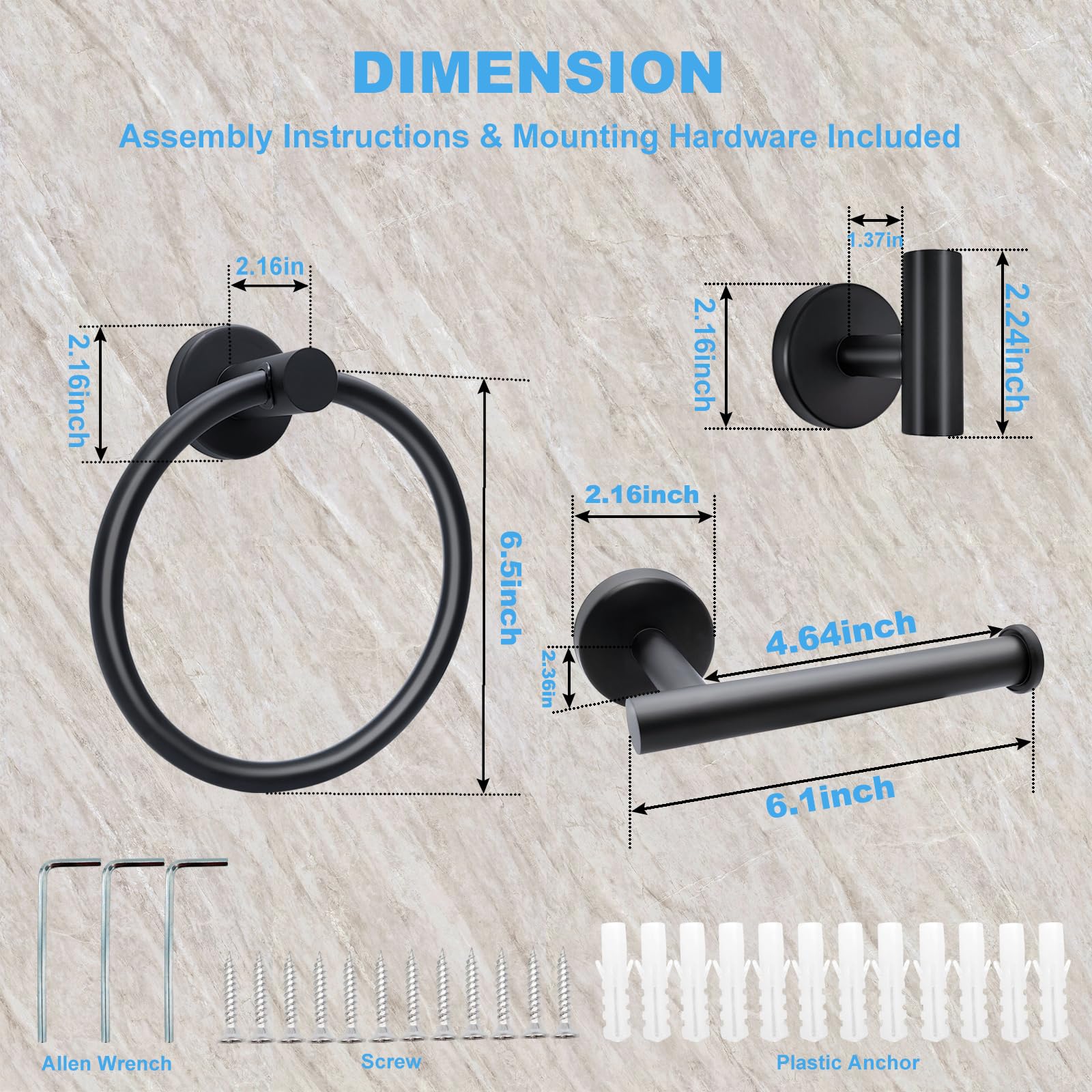 Juego de accesorios de baño negro mate, soporte de papel higiénico montado en la pared de acero inoxidable, anillo de toalla y 2 prácticos ganchos para accesorios de baño modernos, juego de ganchos 5