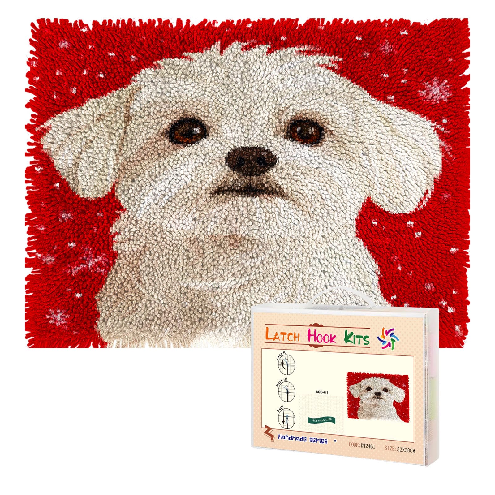 Latch Hook Rug Kit for Adults Merry Christmas Maltese Dog Pre-Printed Handmade Carpet Crochet Yarn Craft DIY Hook and Latch Door Mat Tapestry Home Floor Decoration 52x38cm(12)