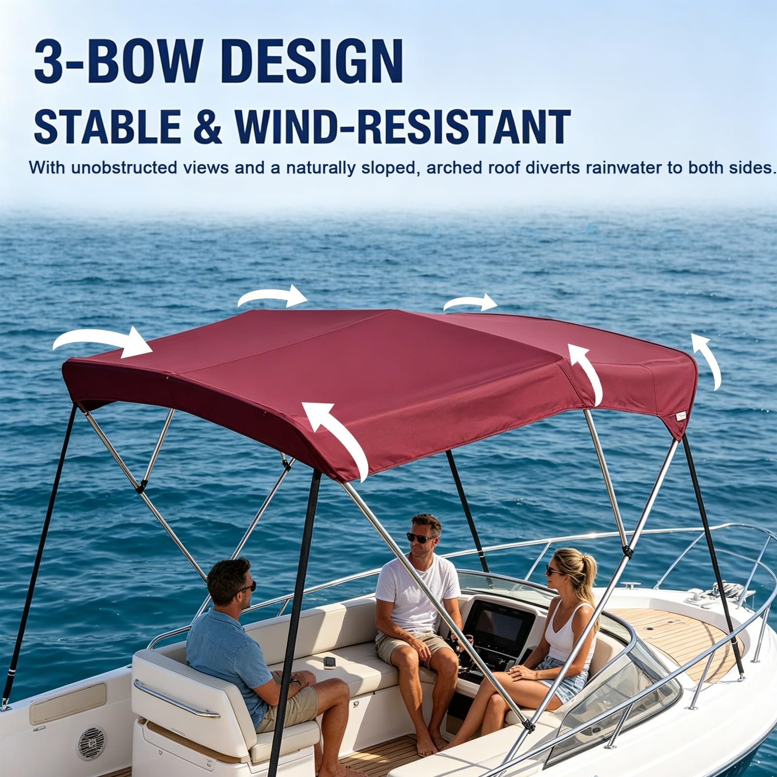 Tendalino Barca 3 Archi, Tendalino Gommone, Tessuto Oxford 900D, Telaio in Alluminio, con 4 Cinghie, Custodia e 4 Basi di Montaggio(Black,120-140cm/47-55in)
