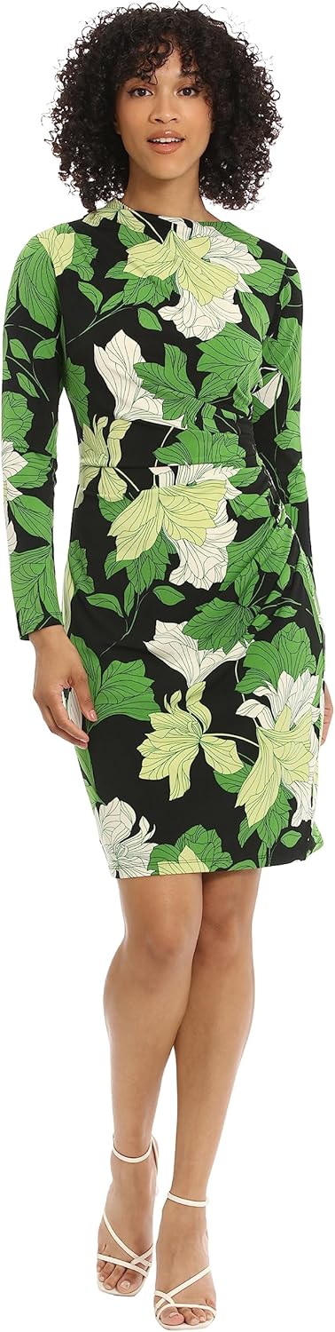 Maggy London Womens Long Sleeve Side Neck Drape Midi Dress