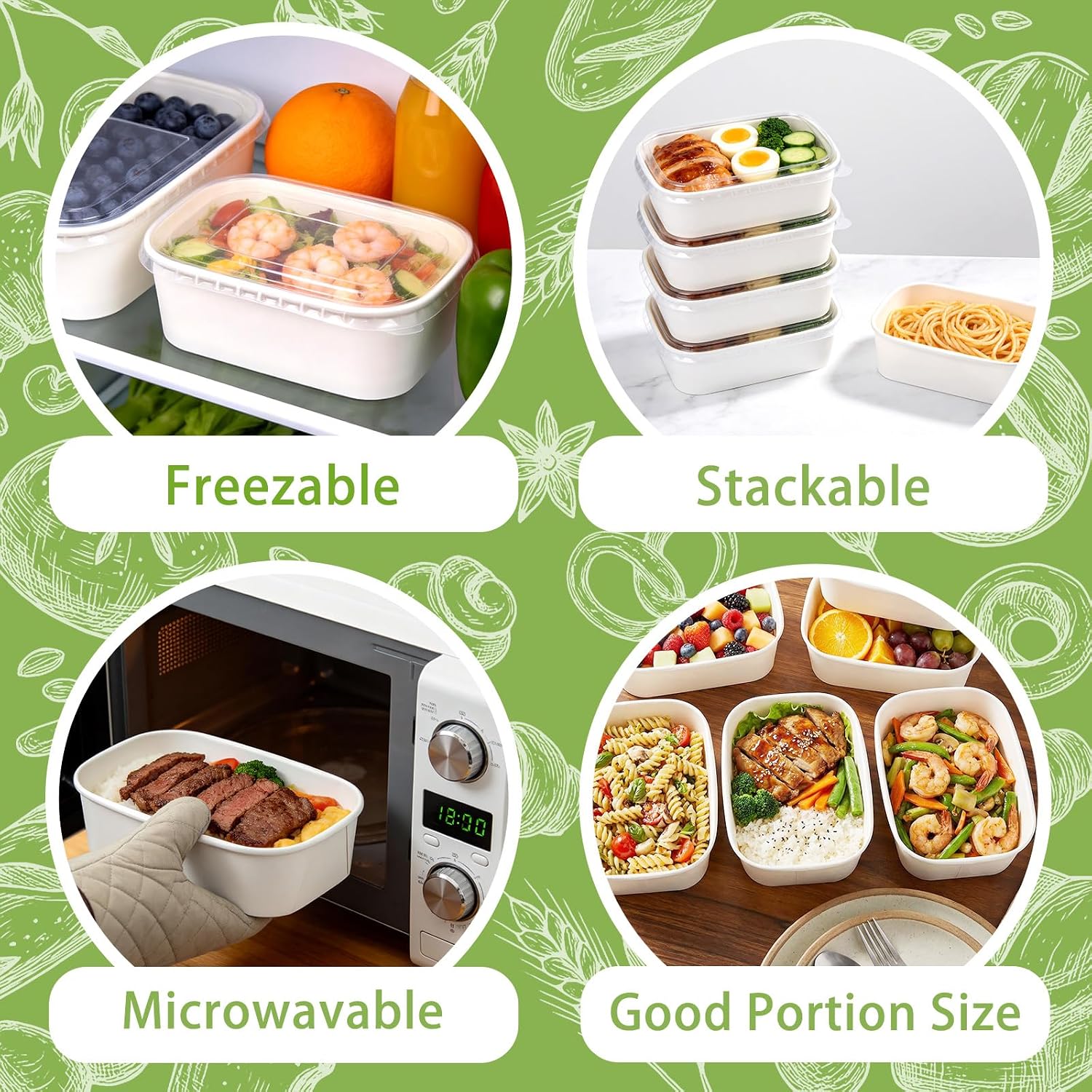 50 Pack 25 oz Paper Food Containers with Lids, Meal Prep Containers Disposable Large Paper Bowls, Microwavable and Freezer Storage Use Cardboard Food Containers (White) image 5