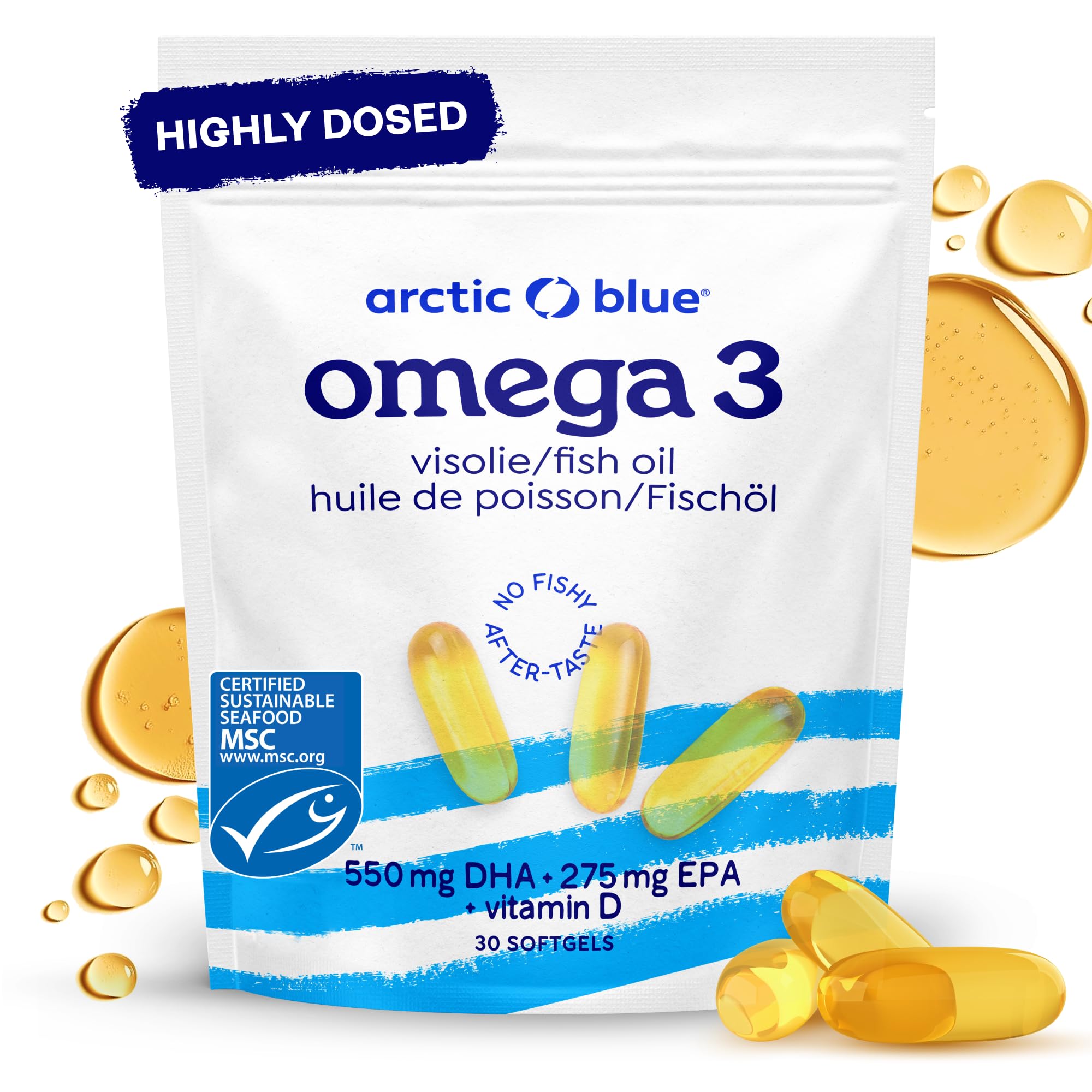 Arctic Blue Oméga-3 Huile de Poisson 60 Capsules — 550mg de DHA + 275mg d’EPA + 10µg de Vitamine D3 par Capsule — Huile de Colin d’Alaska MSC, Forme Triglycéride, Pureté Maximale, Sans Goût de Poisson