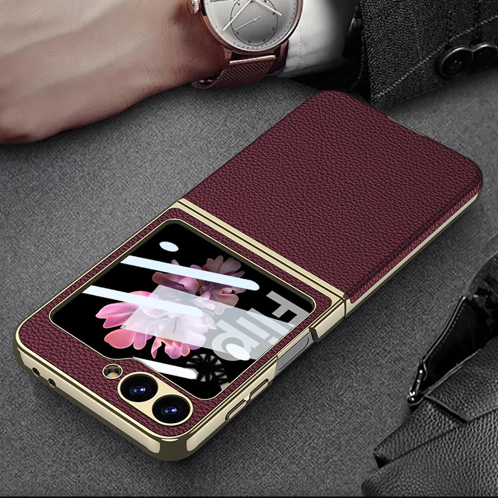 Etui do Samsung Galaxy Z Flip 7, luksusowe galwanizowane skórzane etui ochronne z osłoną ekranu, bezprzewodowe ładowanie, czarny, Flip 7
