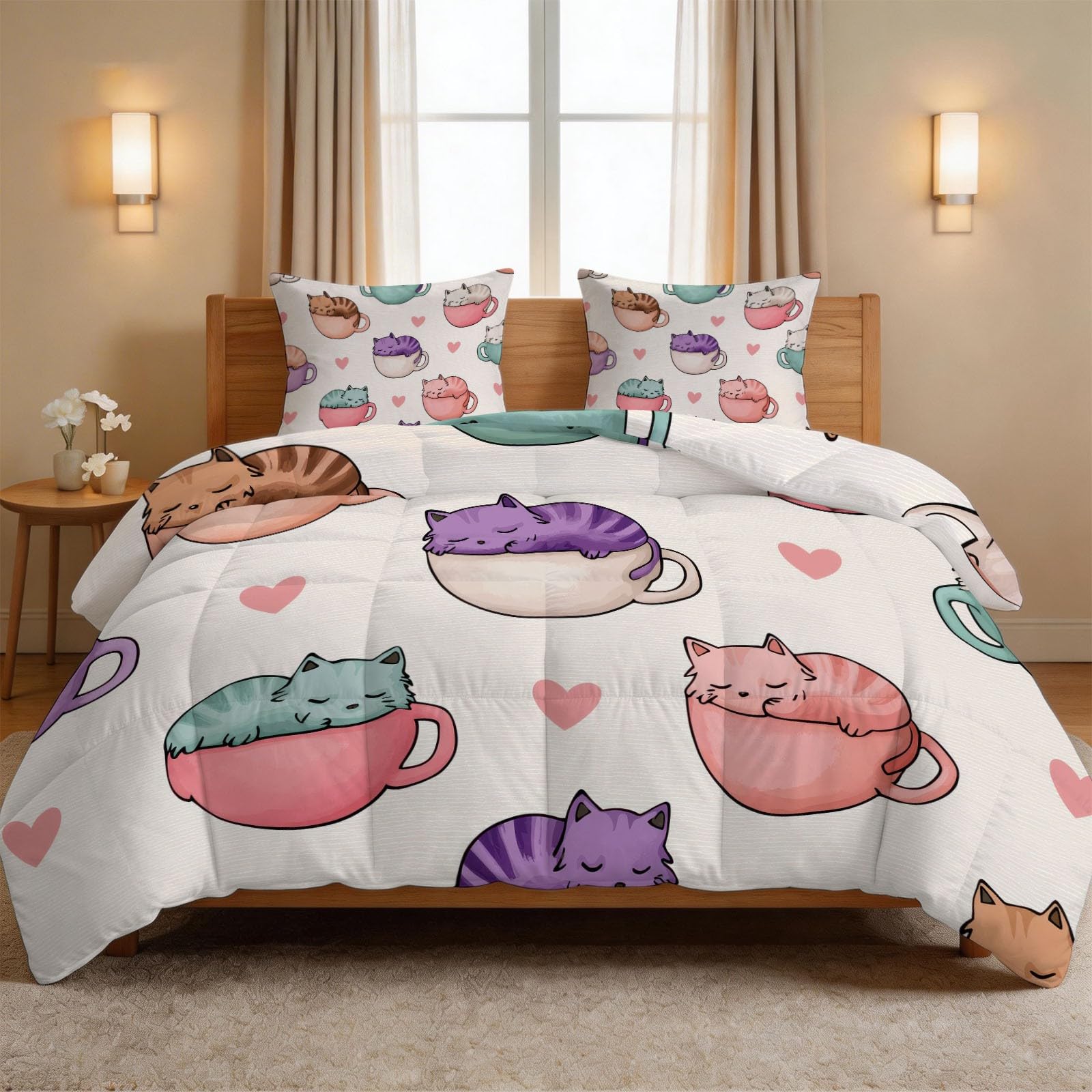 Couette 200x200 cm sans housse qui ne glisse pas, parure lit 2 personnes motif animaux