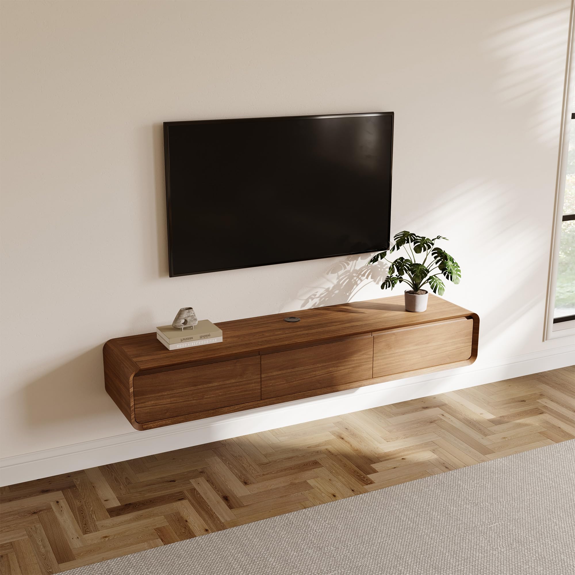 POVISON TV Schrank schwebend 160cm modern Walnussholz aus Massivholz mit 3 Schubladen, TV Lowboard hängend mit Kabelmanagement hochwertig, Komplettmöbel mit Stauraum für Wohnzimmer
