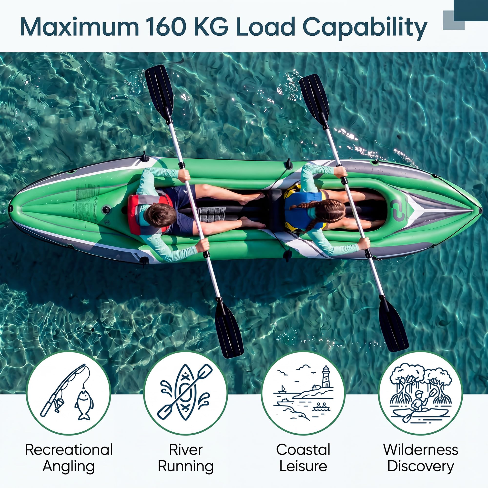 HOMASIS Kayak Hinchable 2 Plazas, para Pesca, Carga 160 kg﻿ | Piragua Hinchable con Remos de Aluminio, Respaldo y Reposapiés Hinchables y Bomba Manual, Kayak Inflable para 2 Personas