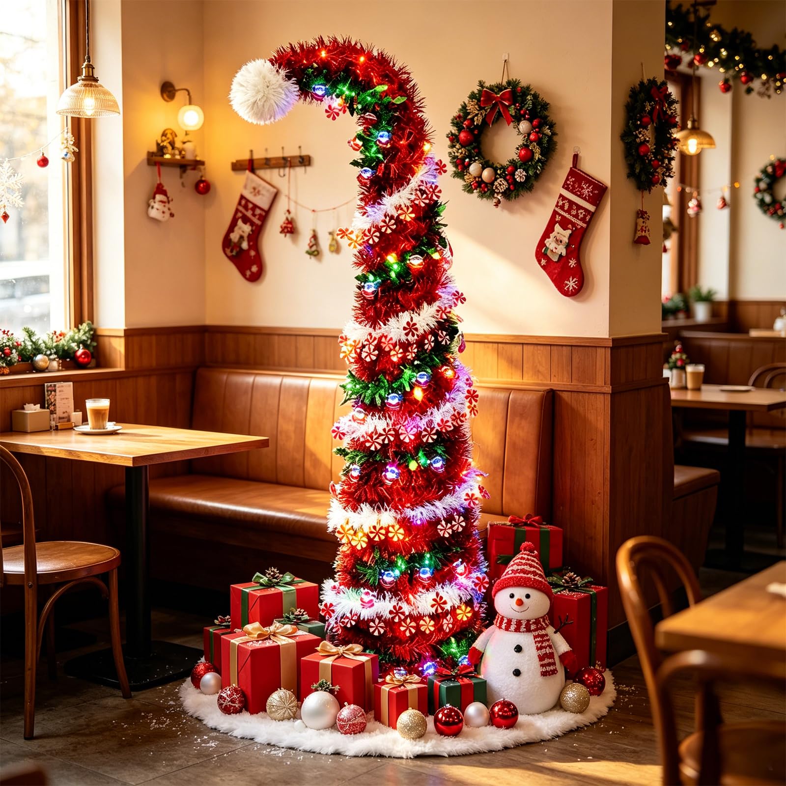 Faltbarer Künstlicher Weihnachtsbaum 150cm mit Beleuchtung, Pop Up Schmal Weihnachtsbaum mit 50 LED und Sternspitze, PVC Lametta Bleistift Tannenbaum Weihnachtsdekoration (Rot 2)