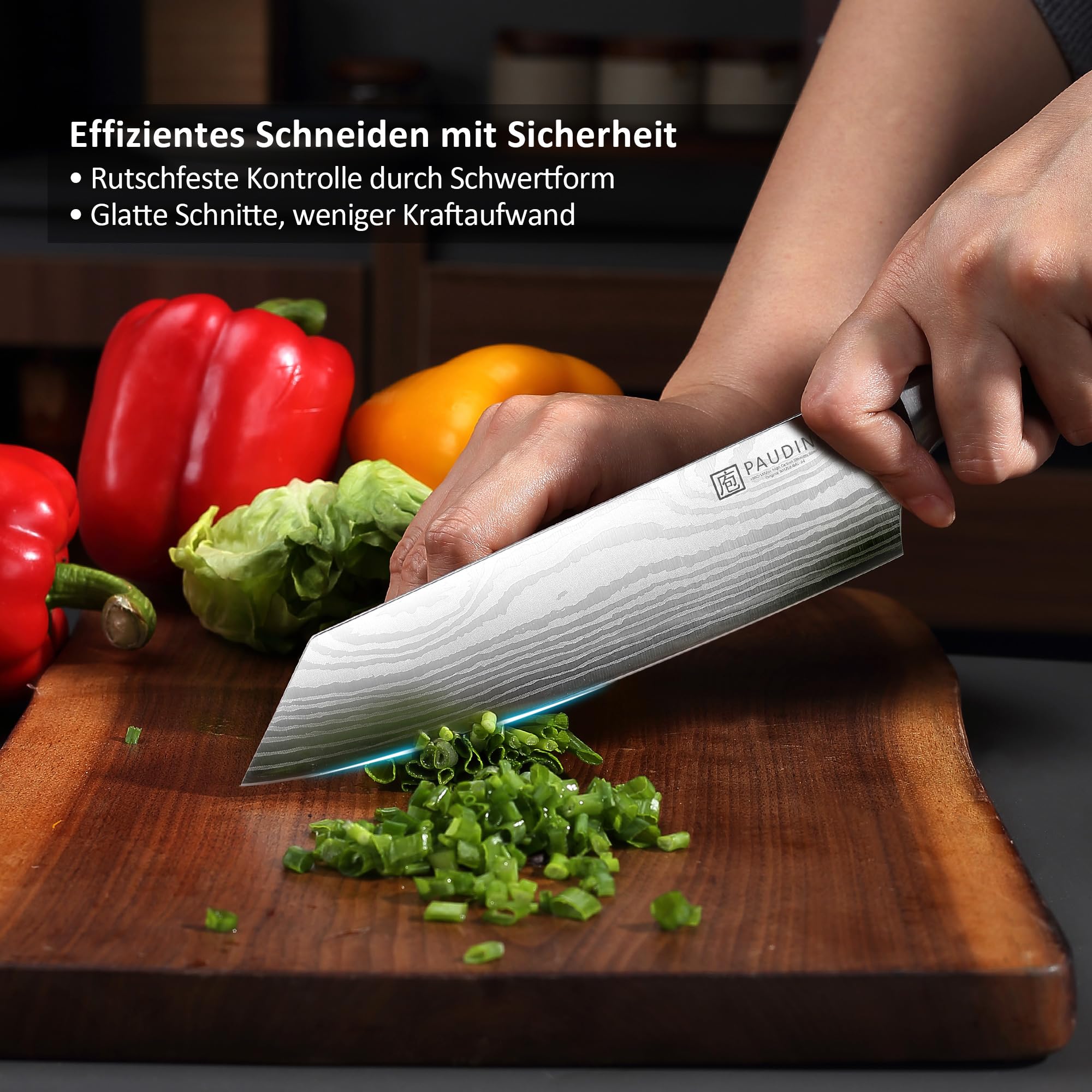 PAUDIN Coltello Santoku da 20 cm, coltello da chef giapponese Kiritsuke, coltello da cucina affilato in acciaio inossidabile ad alto tenore di carbonio, impugnatura ergonomica, perfetto per carne