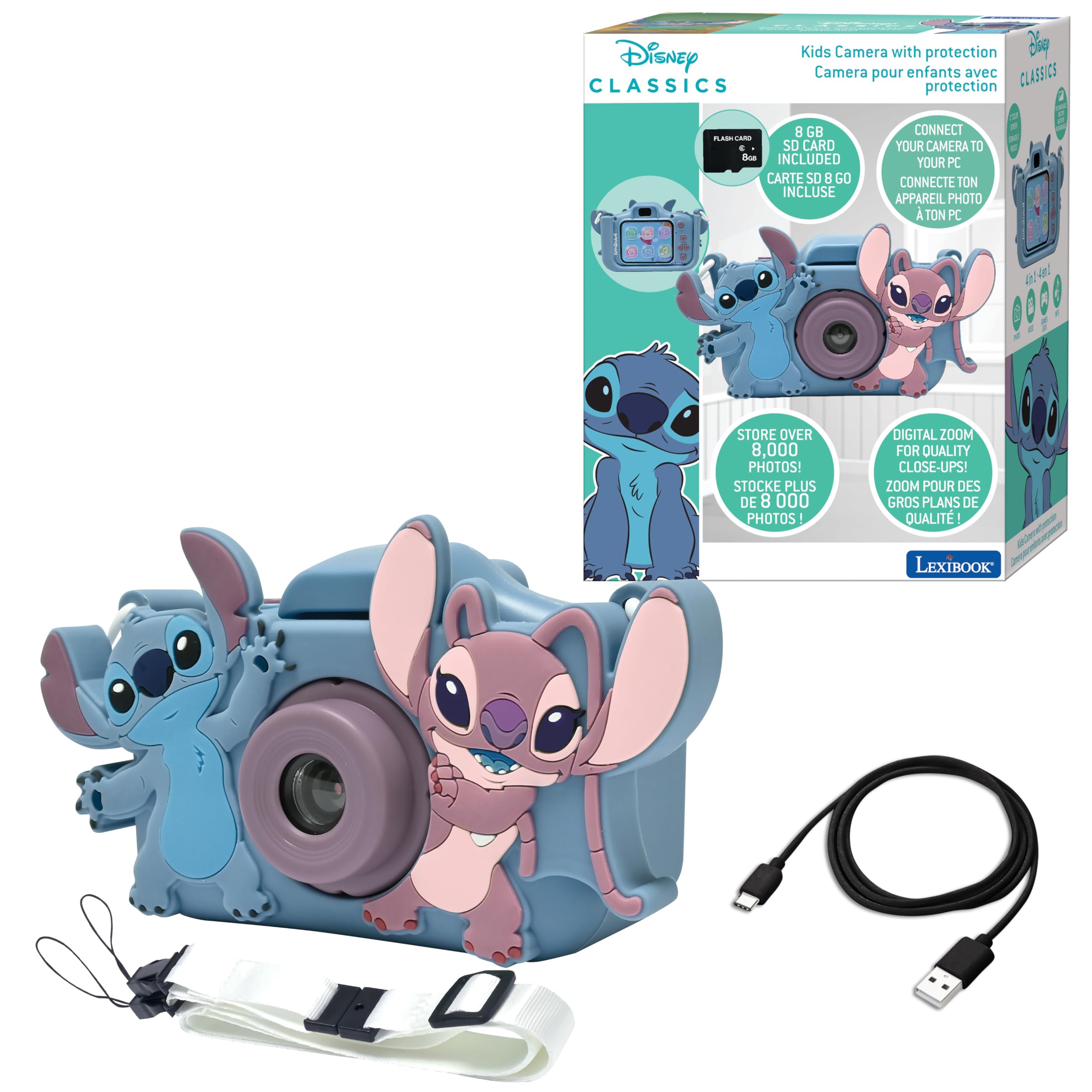 Lexibook, Disney Stitch, 4-in-1 camera for children with protection, Photo, video, MP3 and game functions, 15 frames to personalise your photos, 8 GB memory card included, DJ078D