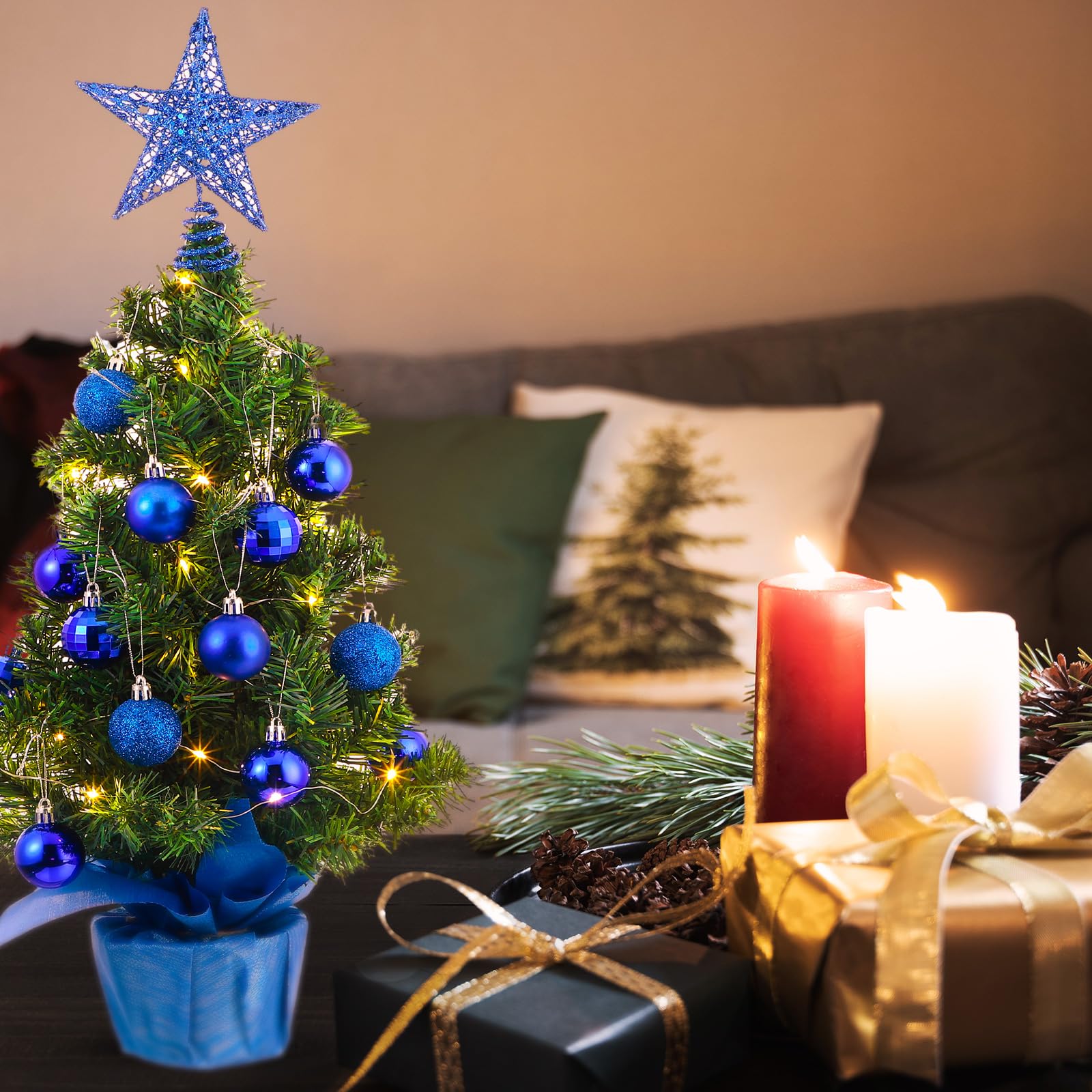 Lot de 24 mini sapins de Noël artificiels de table de 61 cm avec lumières - Décorations de Noël pour sapin de Noël, décorations de bureau (bleu roi)