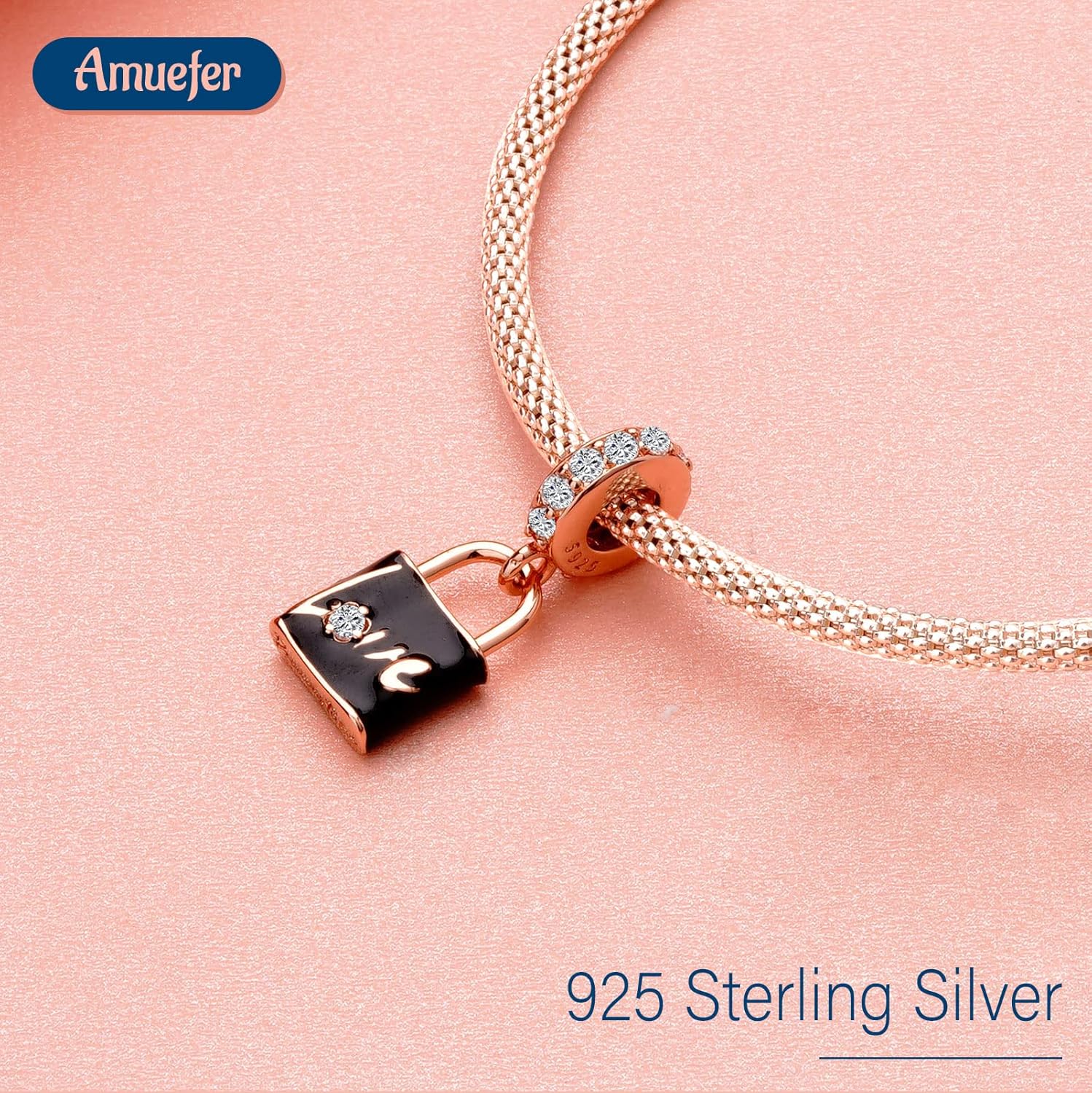 Love Lock Charms for Bracelets 925 Sterling Silver 14K Rose Gold Plated Dangle for Necklaces Valentine's Day Birthday Christmas Jewelry Gifts for Women Friends - Image 2